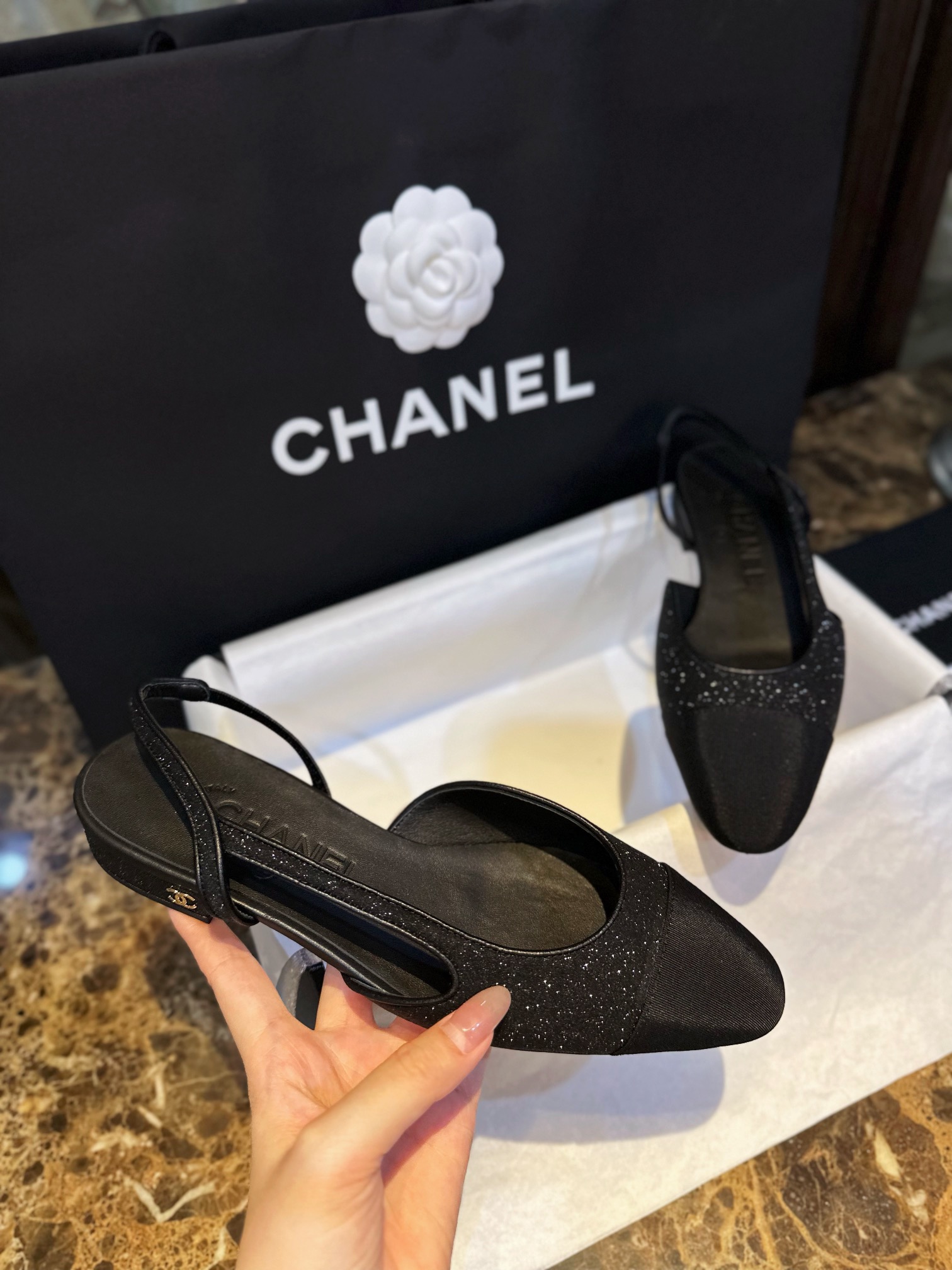 Chanel Black Glitter Flat Slingback Sandals