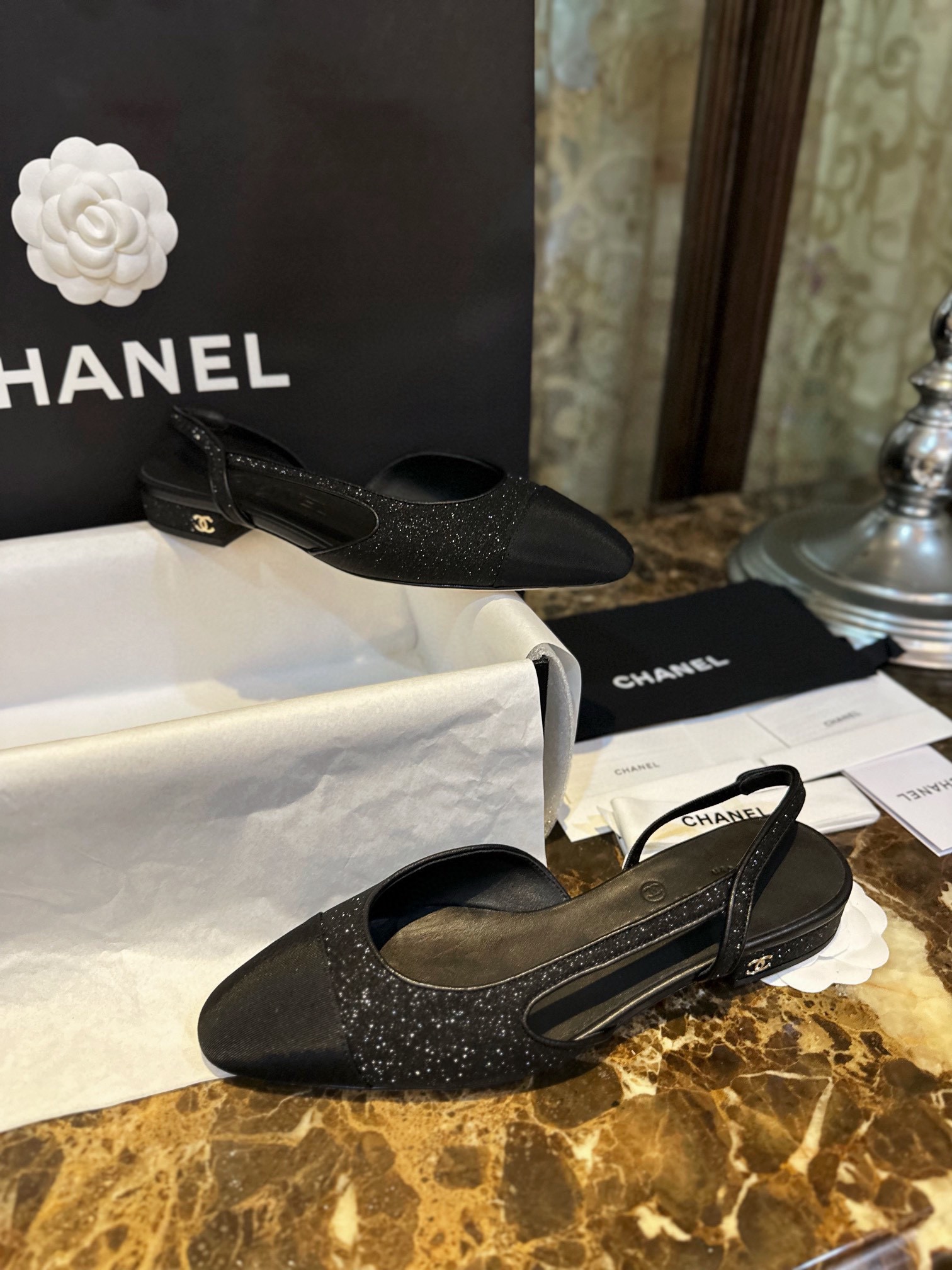 Chanel Black Glitter Flat Slingback Sandals