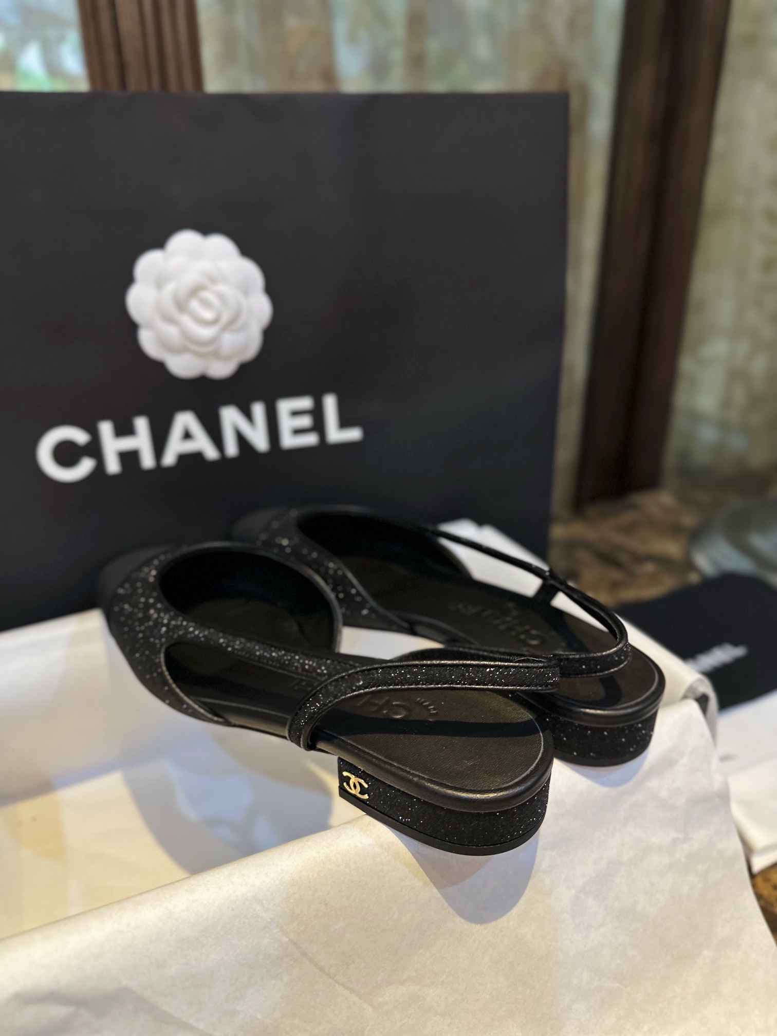 Chanel Black Glitter Flat Slingback Sandals