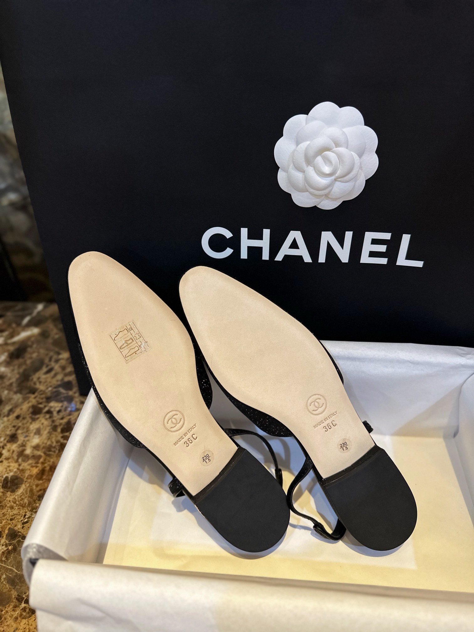 Chanel Black Glitter Flat Slingback Sandals