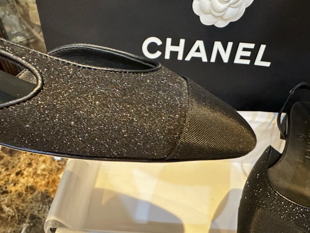 Chanel Black Glitter Flat Slingback Sandals