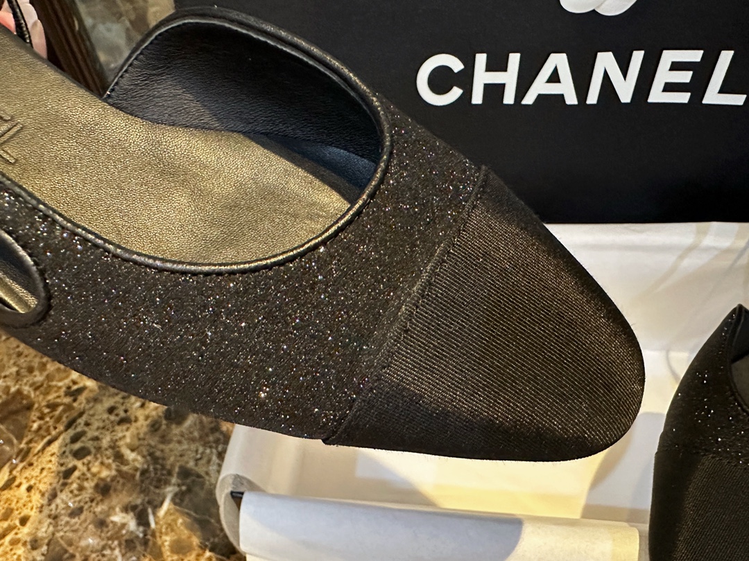 Chanel Black Glitter Flat Slingback Sandals