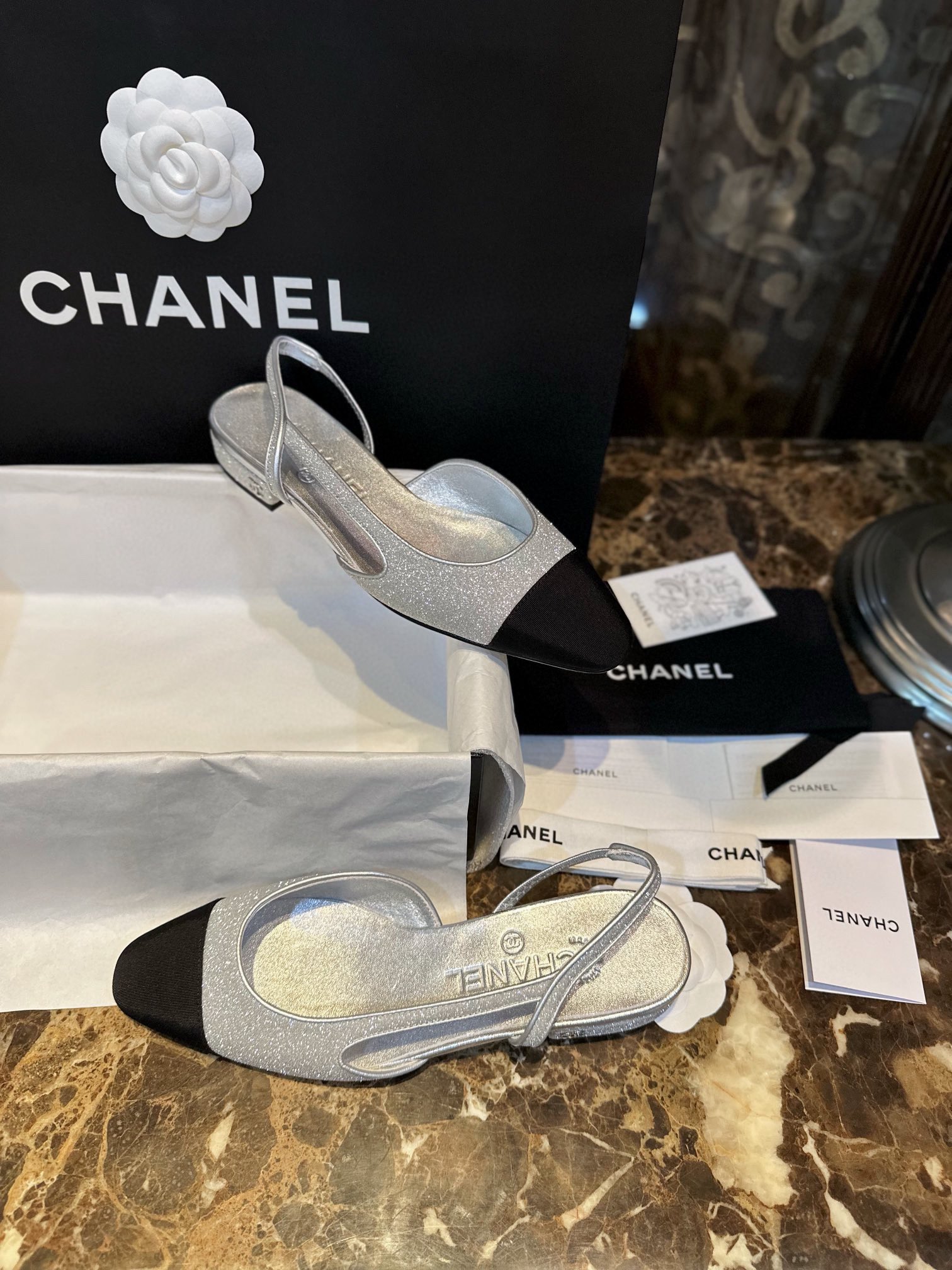 Chanel Silver Glitter Flat Slingback Sandals