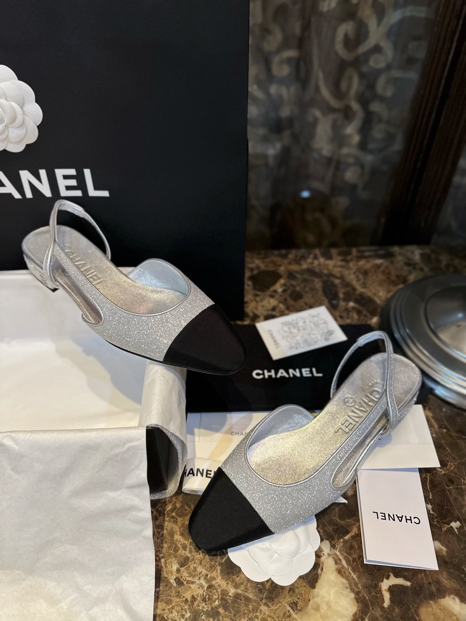 Chanel Silver Glitter Flat Slingback Sandals