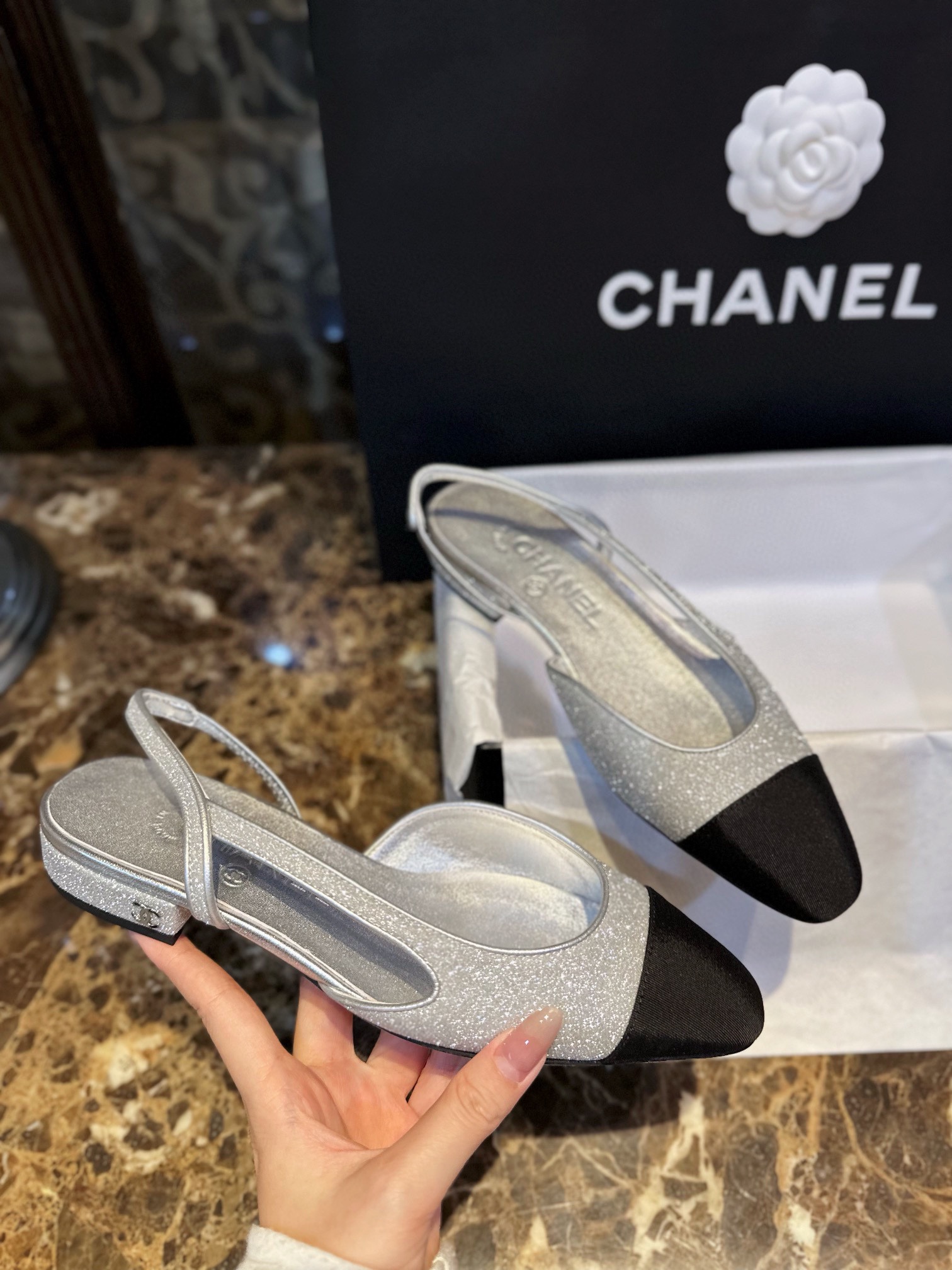 Chanel Silver Glitter Flat Slingback Sandals