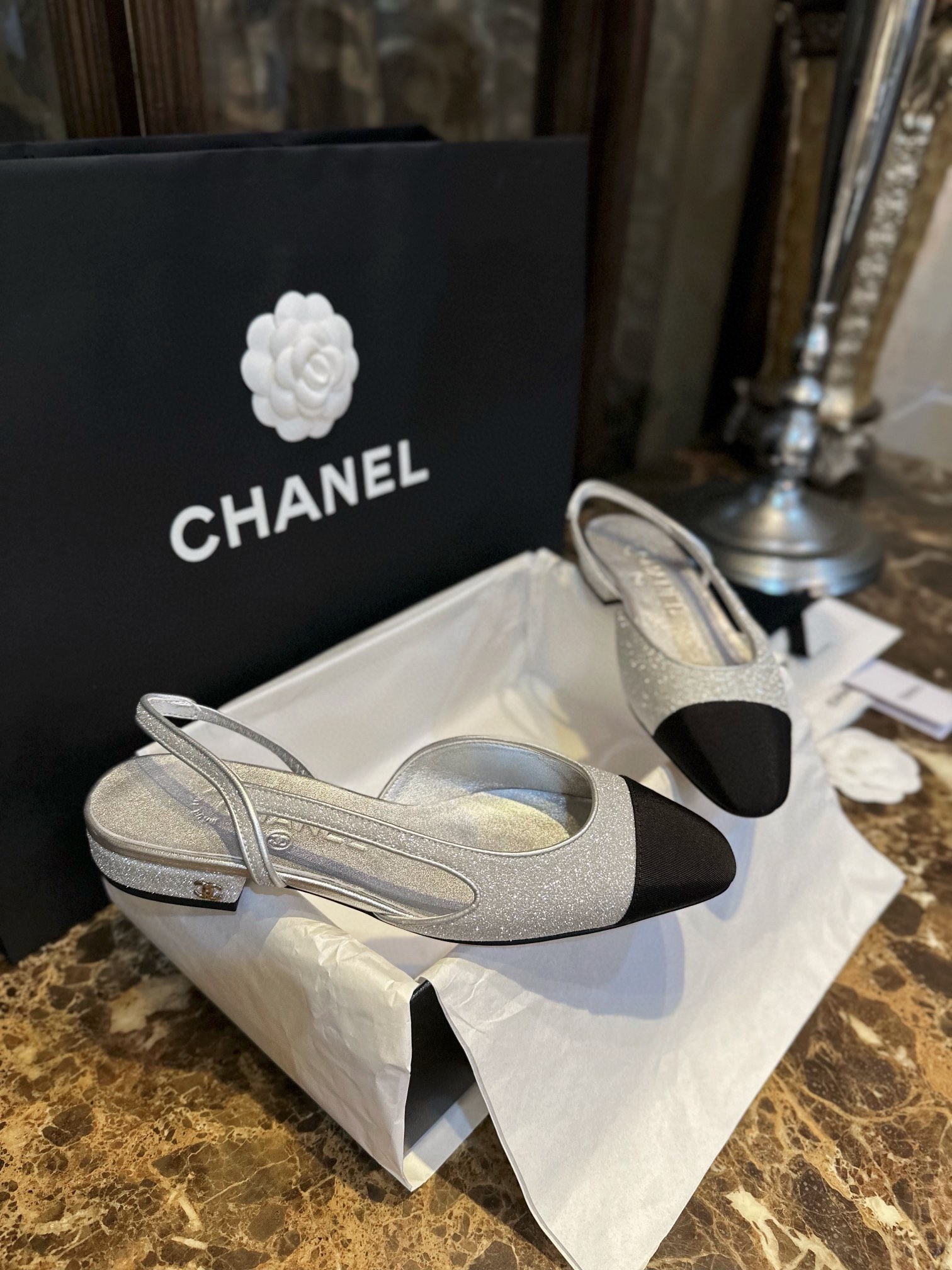 Chanel Silver Glitter Flat Slingback Sandals