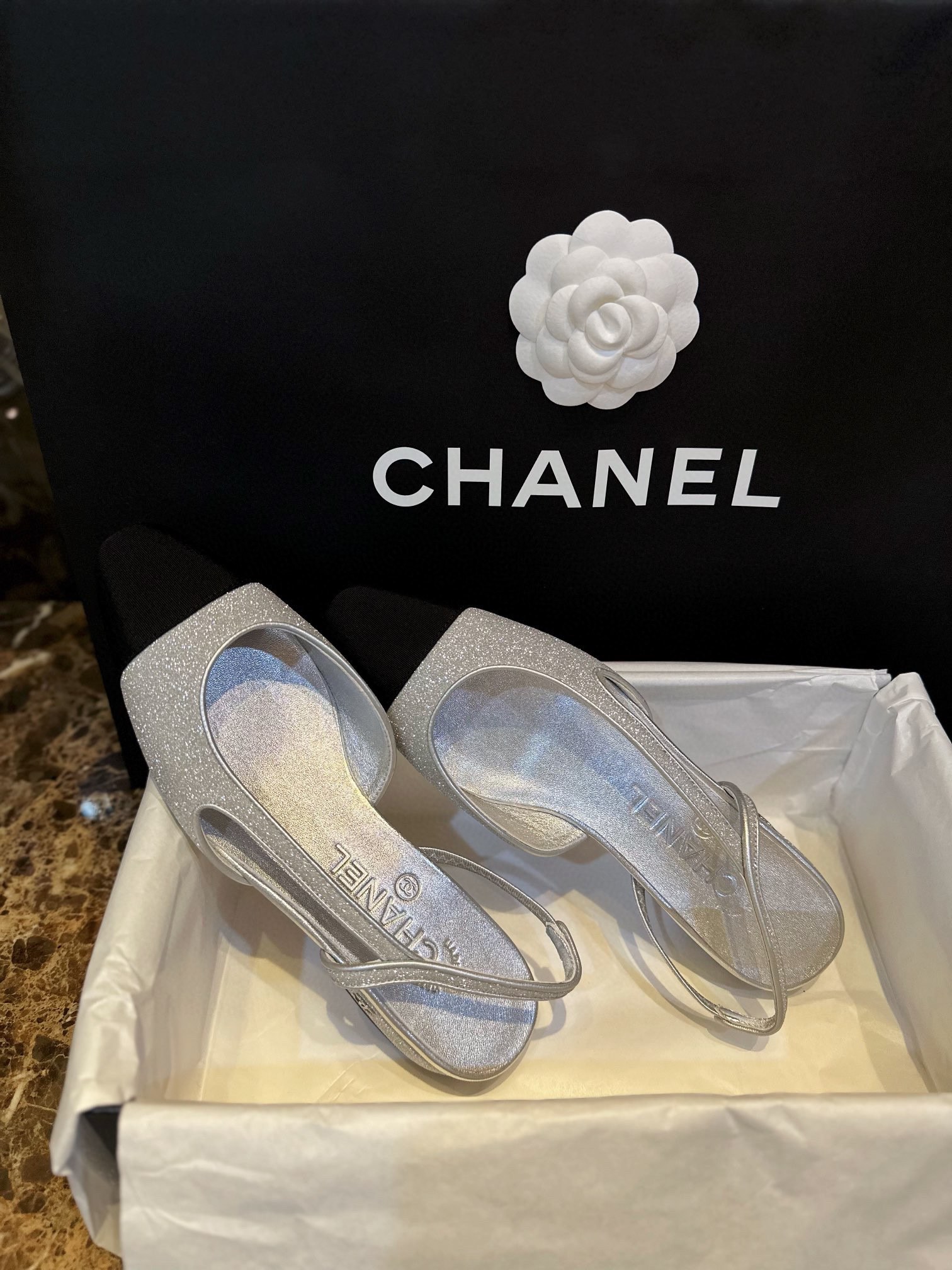 Chanel Silver Glitter Flat Slingback Sandals