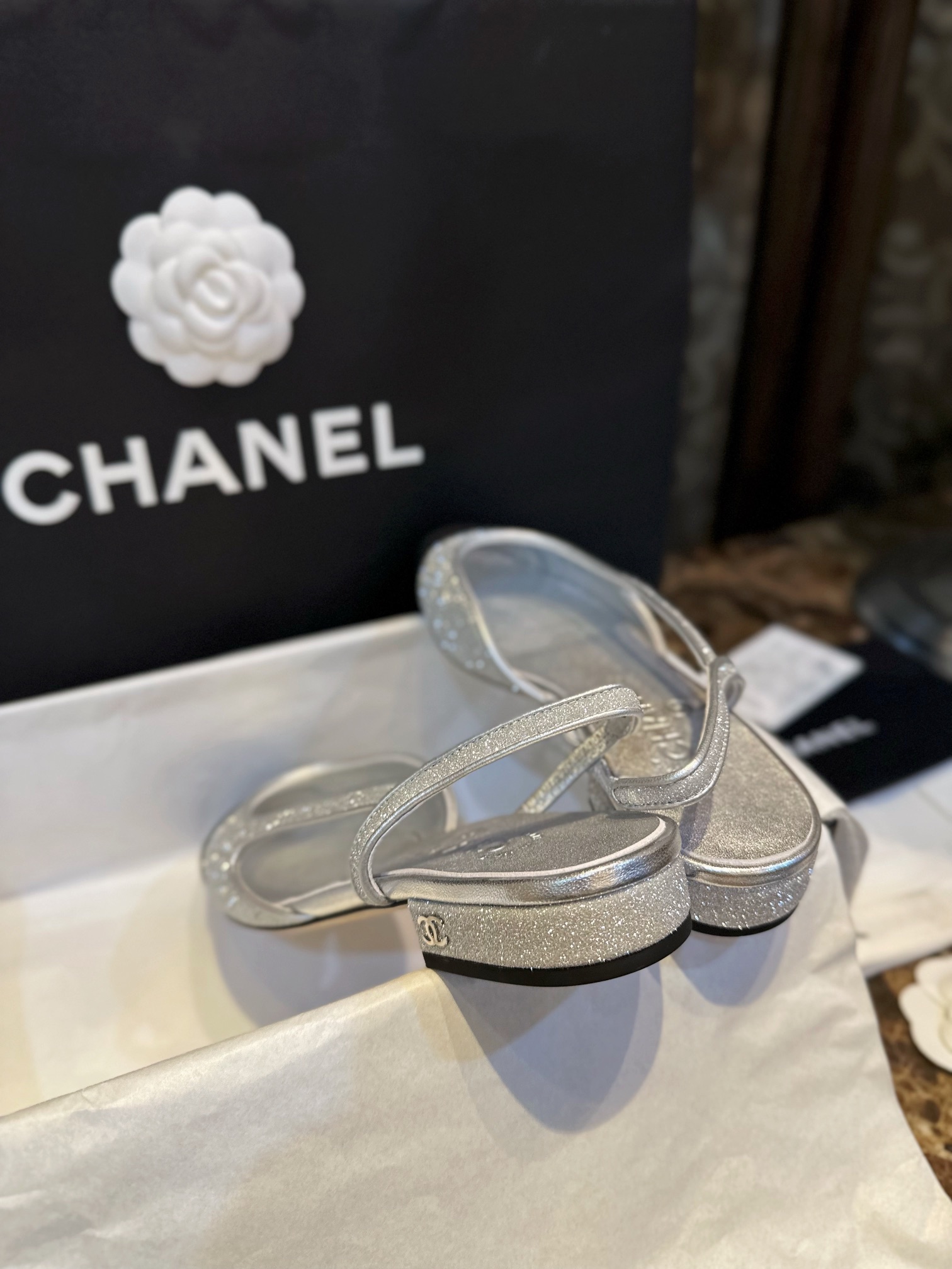 Chanel Silver Glitter Flat Slingback Sandals