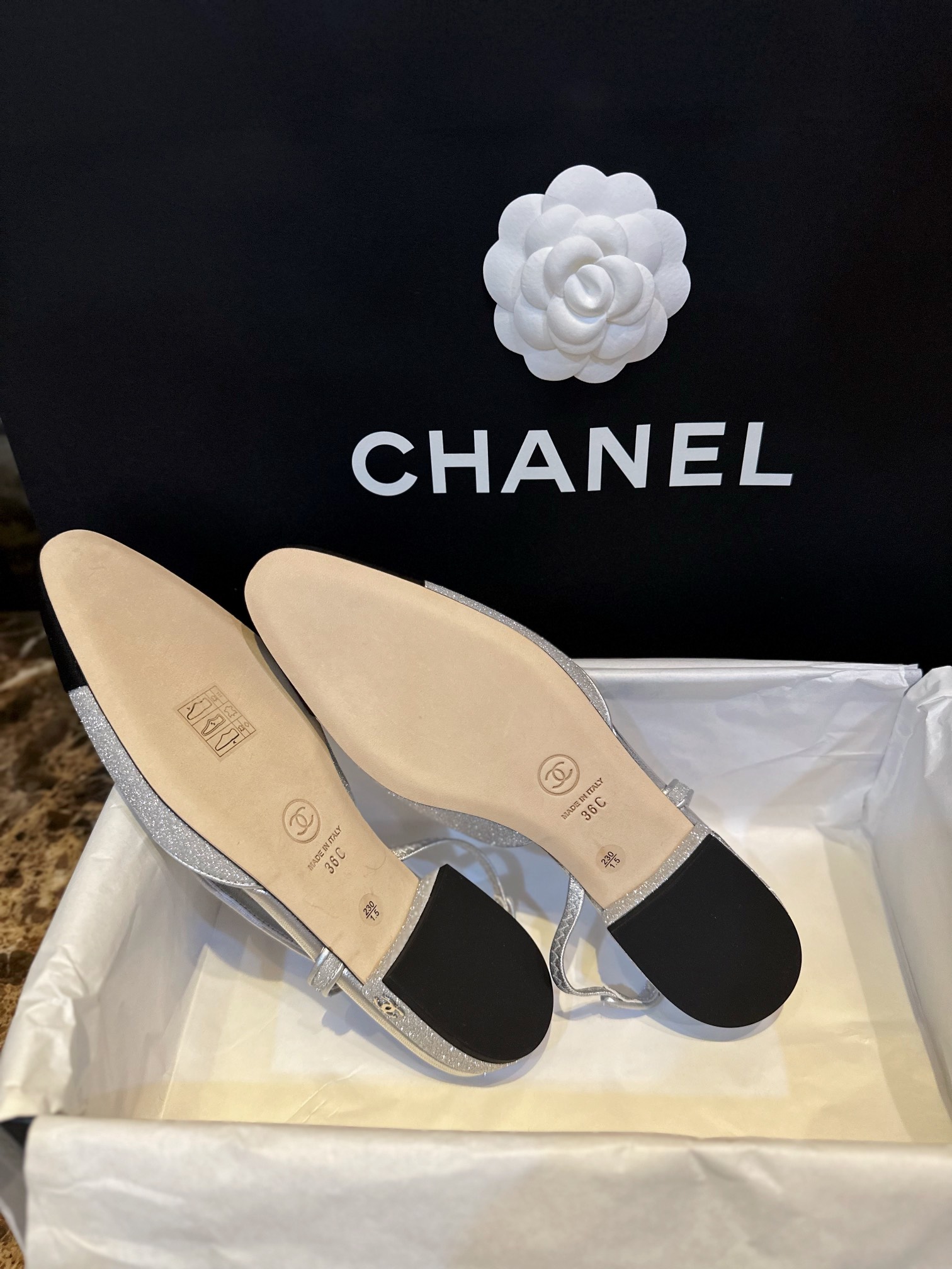 Chanel Silver Glitter Flat Slingback Sandals