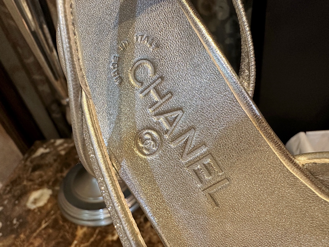 Chanel Silver Glitter Flat Slingback Sandals