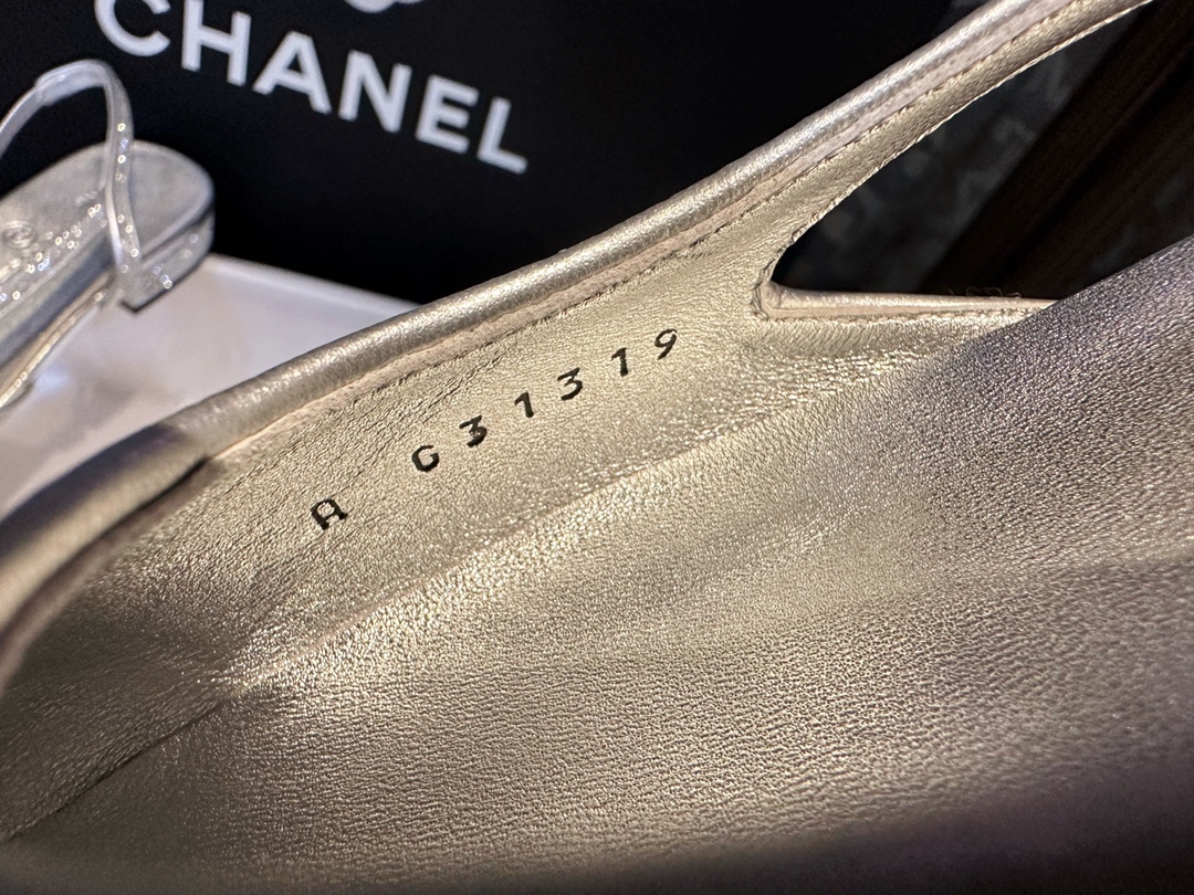 Chanel Silver Glitter Flat Slingback Sandals