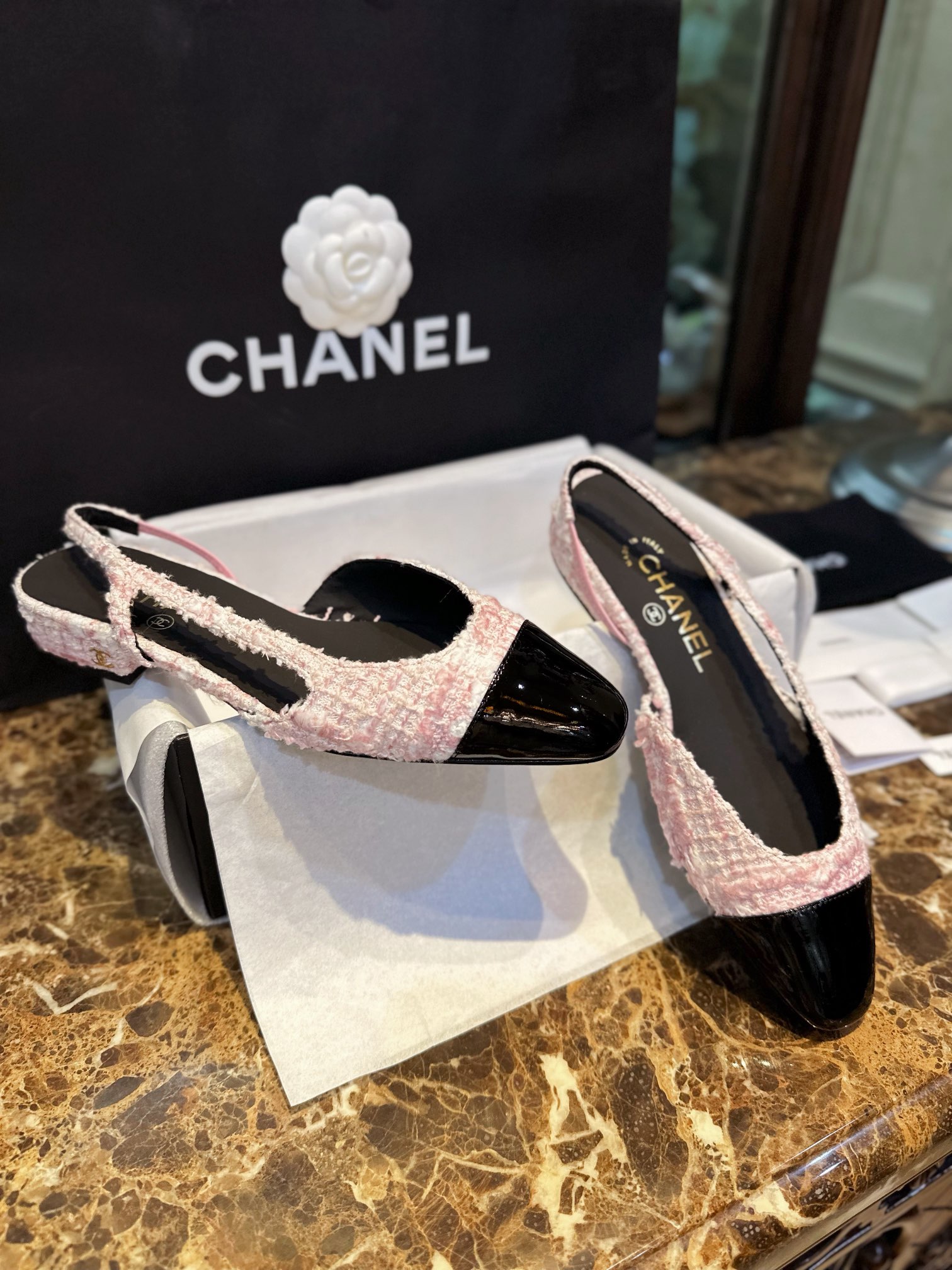 Chanel  22c Lina Belle Pink Velvet Flat Slingback 