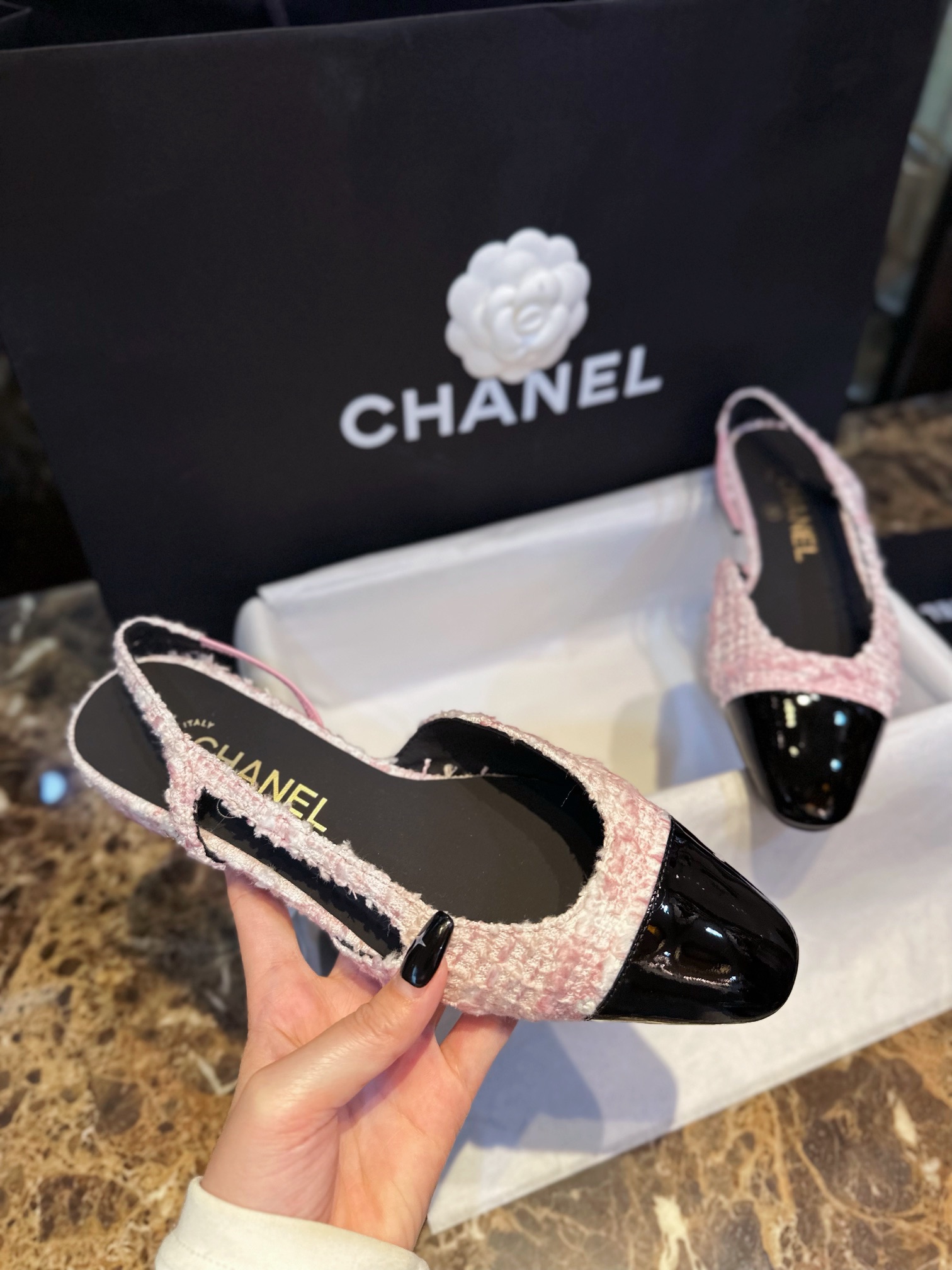 Chanel  22c Lina Belle Pink Velvet Flat Slingback 