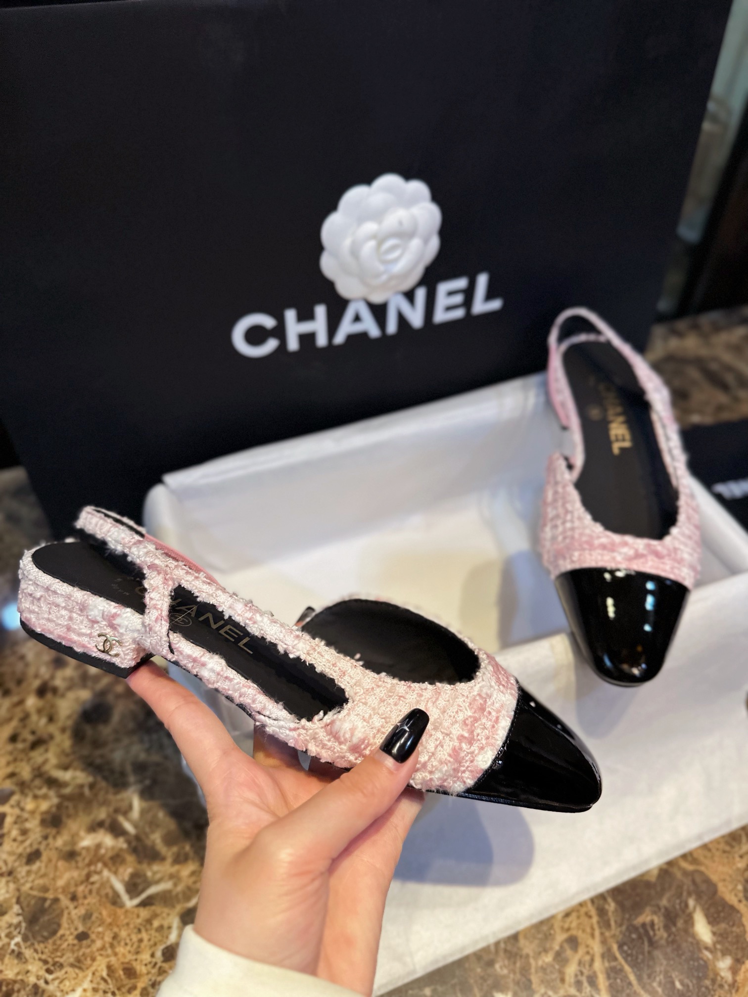 Chanel  22c Lina Belle Pink Velvet Flat Slingback 