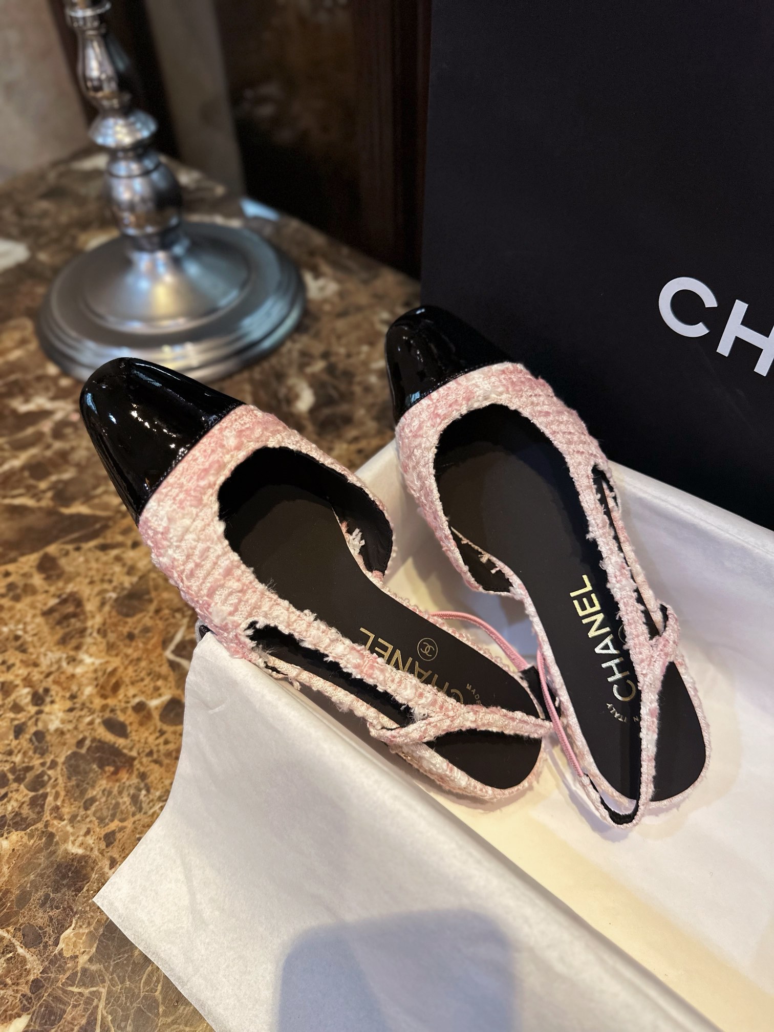 Chanel  22c Lina Belle Pink Velvet Flat Slingback 