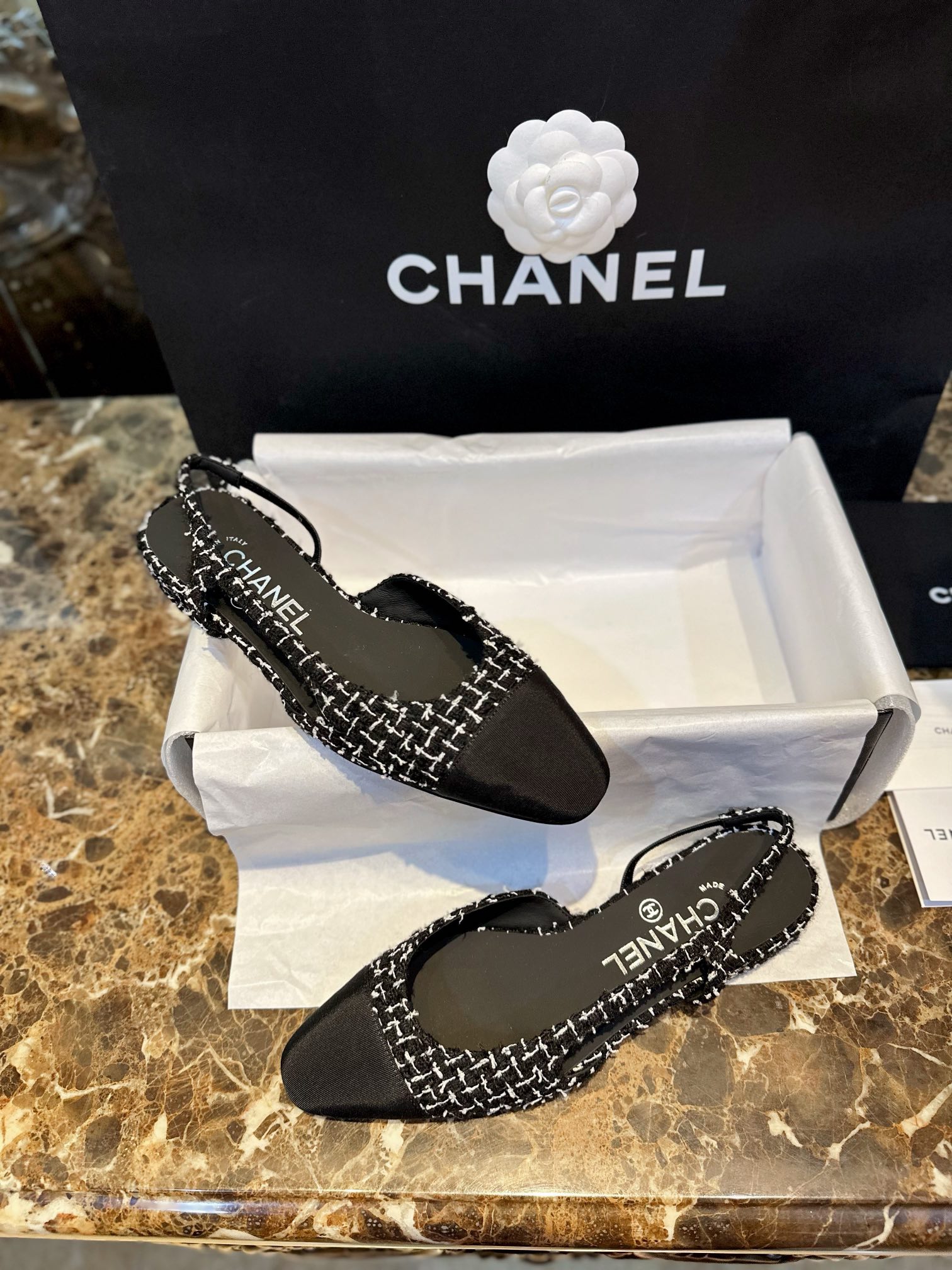 Chanel Black and White Plaid Flat Shoes - Classic Wool Plaid with  Silk, 