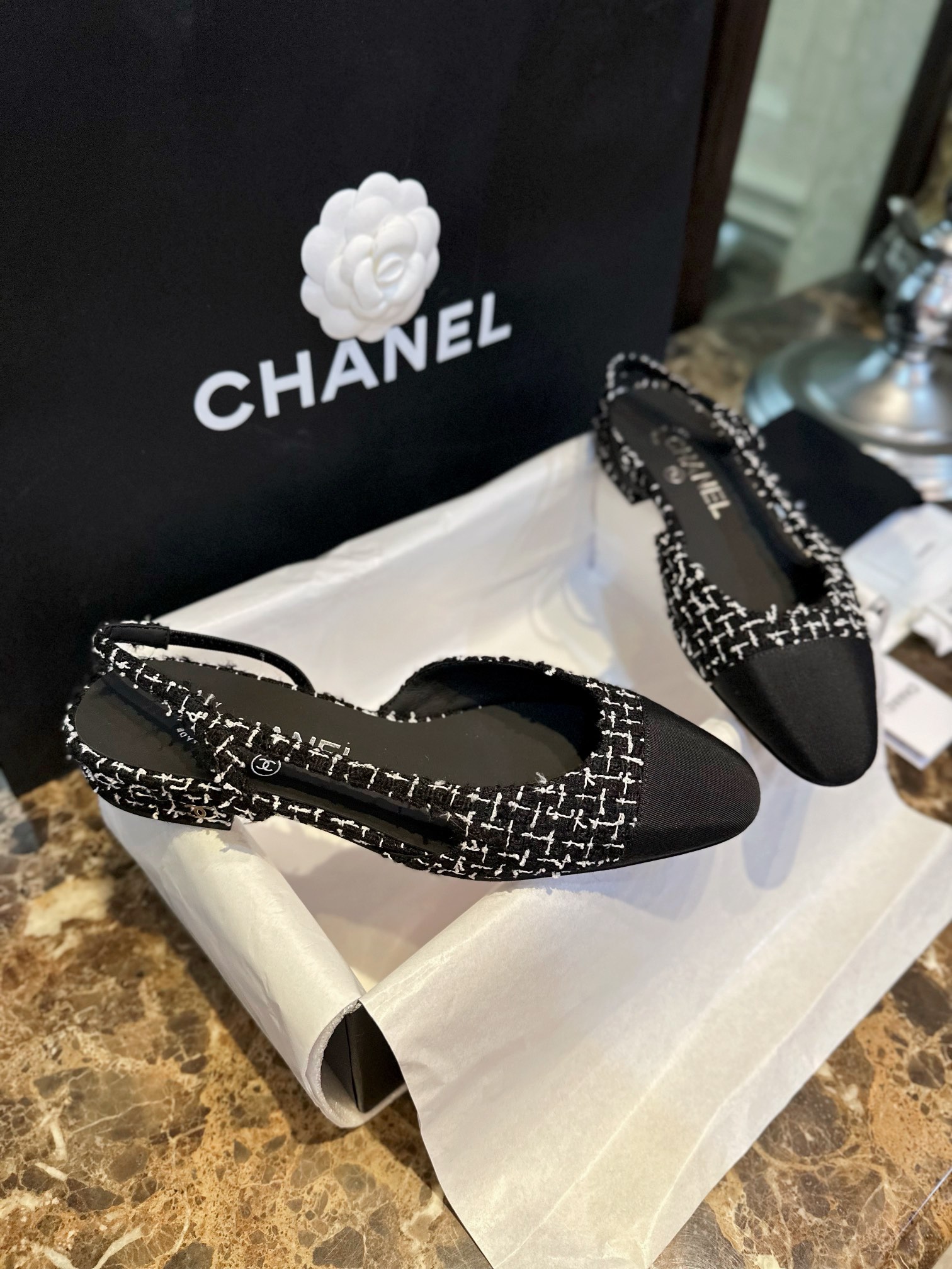 Chanel Black and White Plaid Flat Shoes - Classic Wool Plaid with  Silk, 