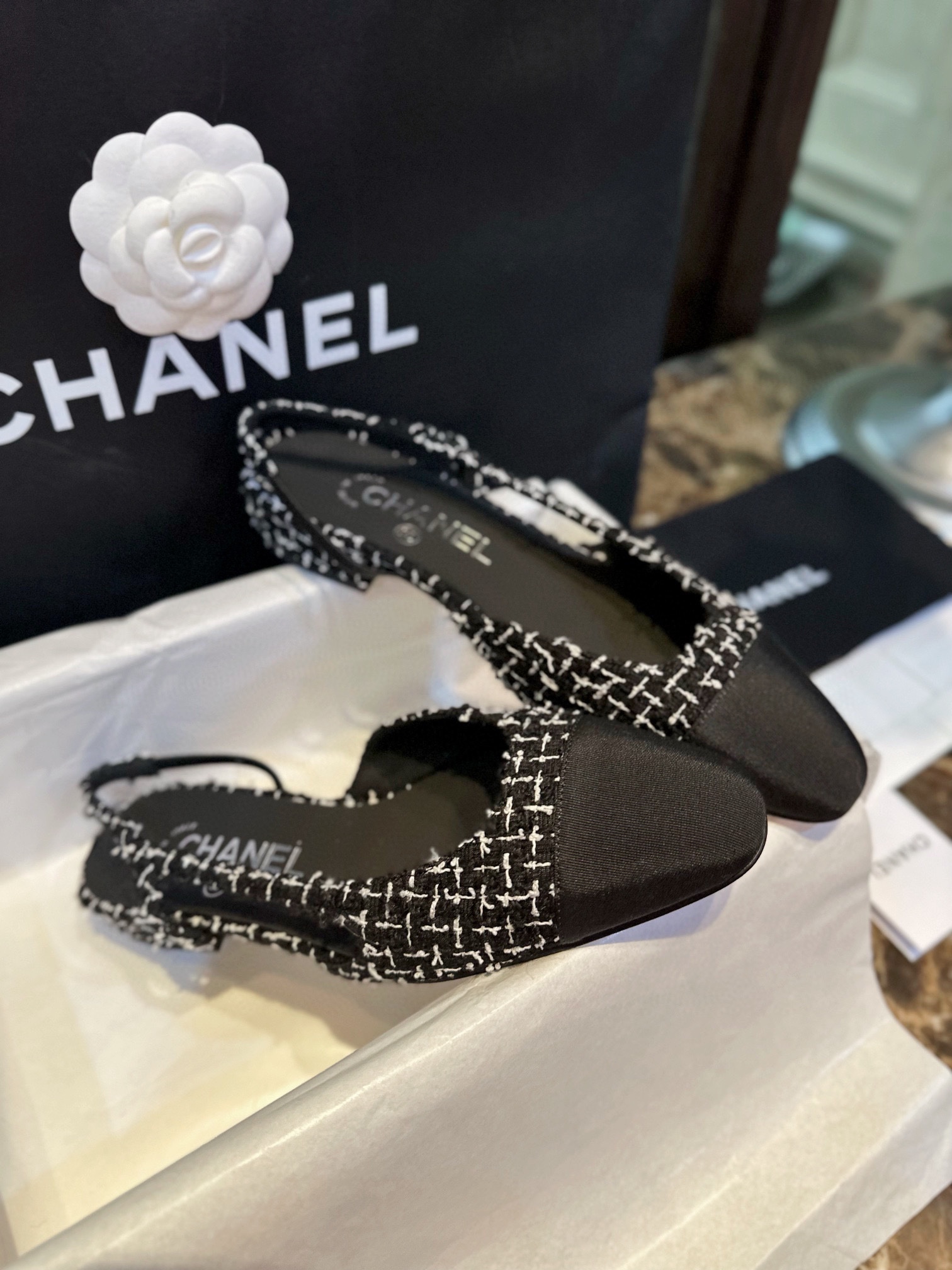 Chanel Black and White Plaid Flat Shoes - Classic Wool Plaid with  Silk, 