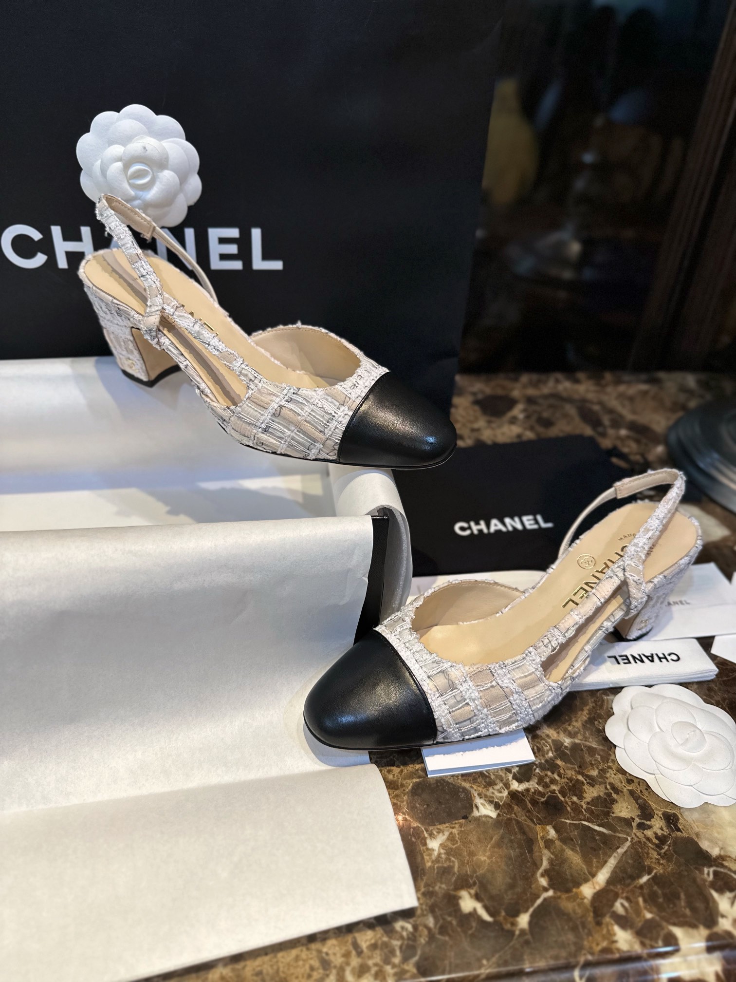 Chanel Lace Letter Almond High Heel Slingback