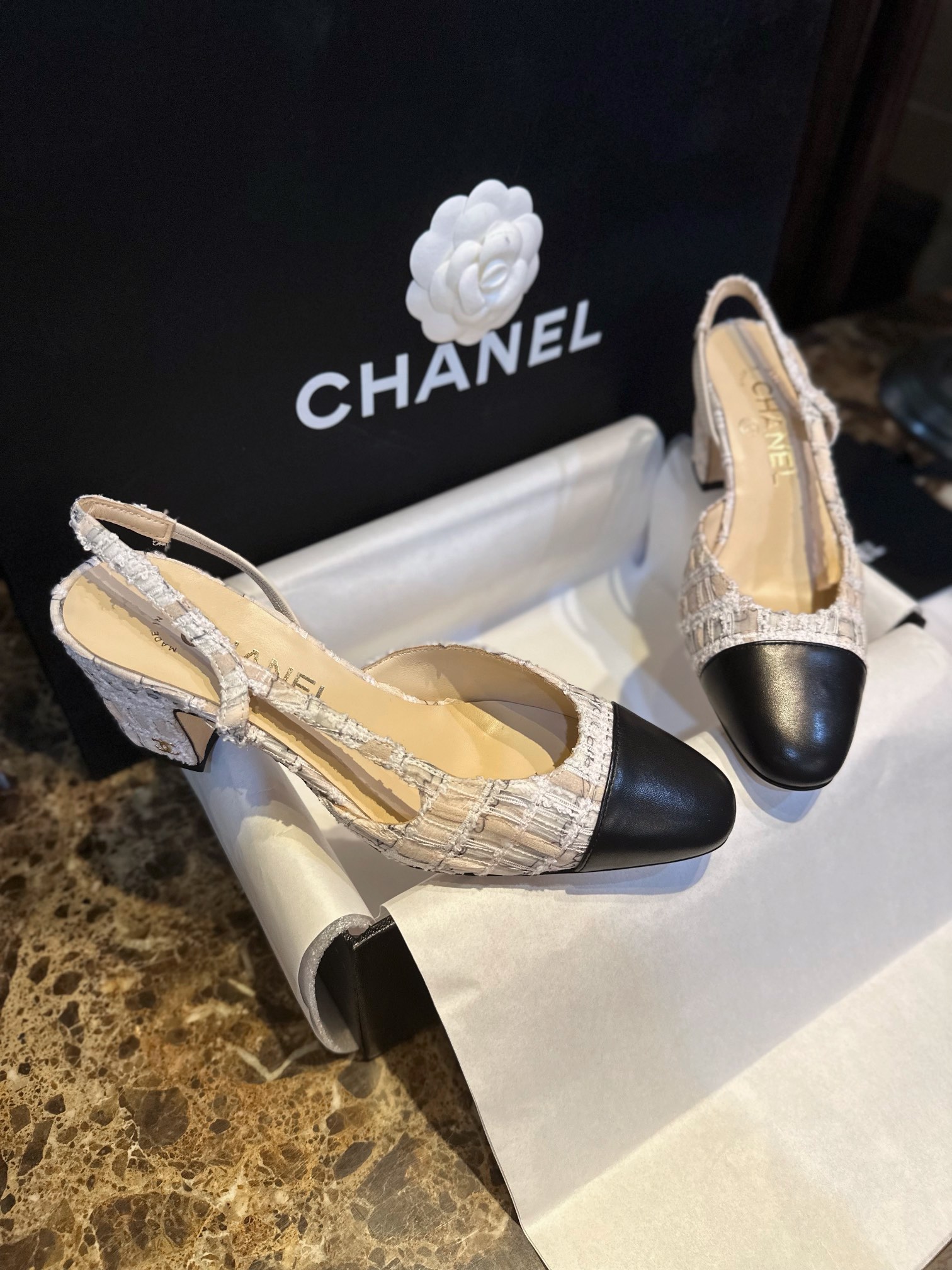 Chanel Lace Letter Almond High Heel Slingback