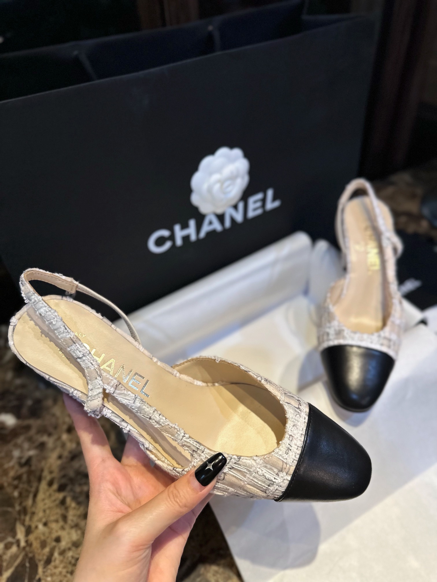 Chanel Lace Letter Almond High Heel Slingback