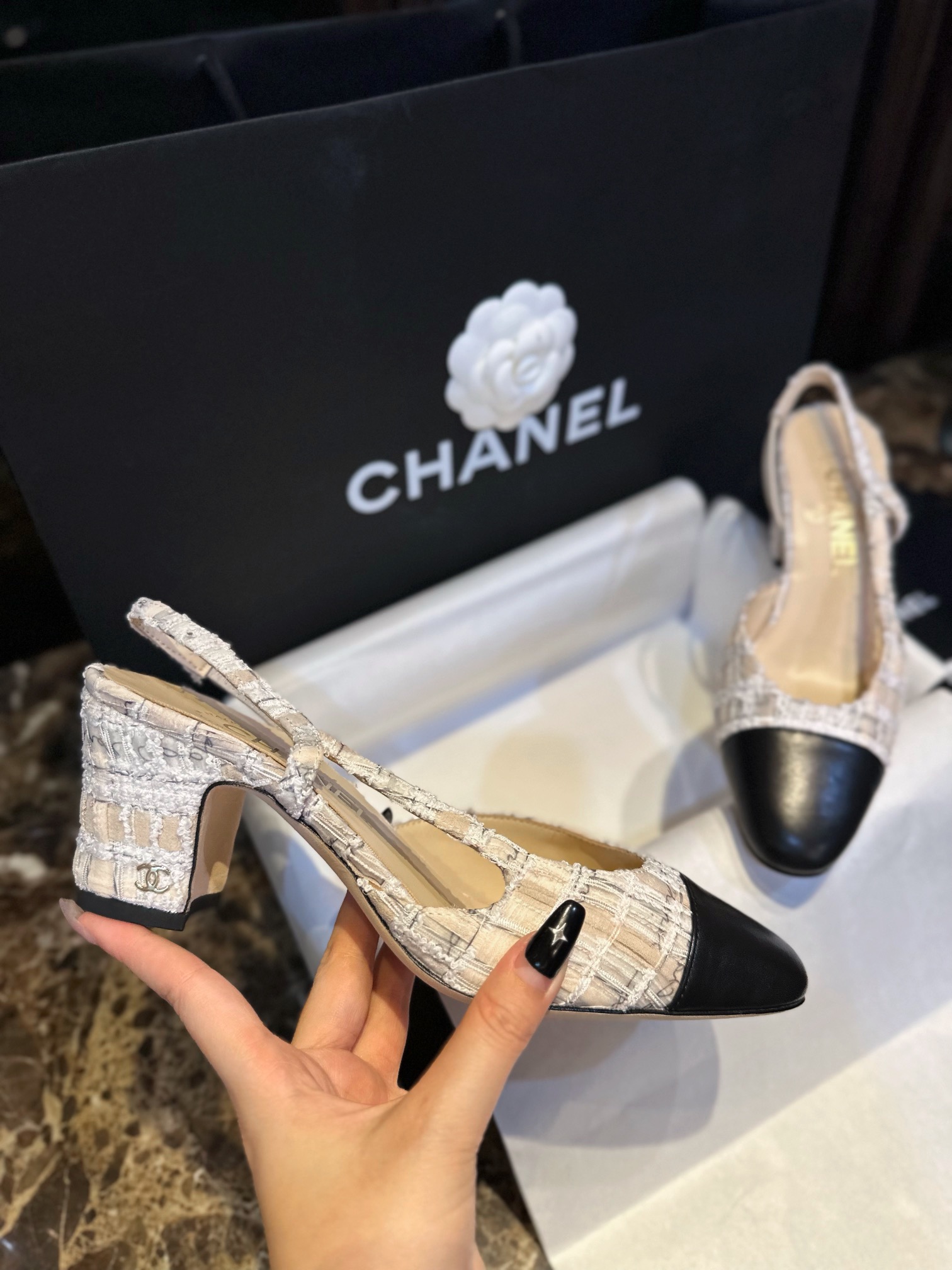 Chanel Lace Letter Almond High Heel Slingback