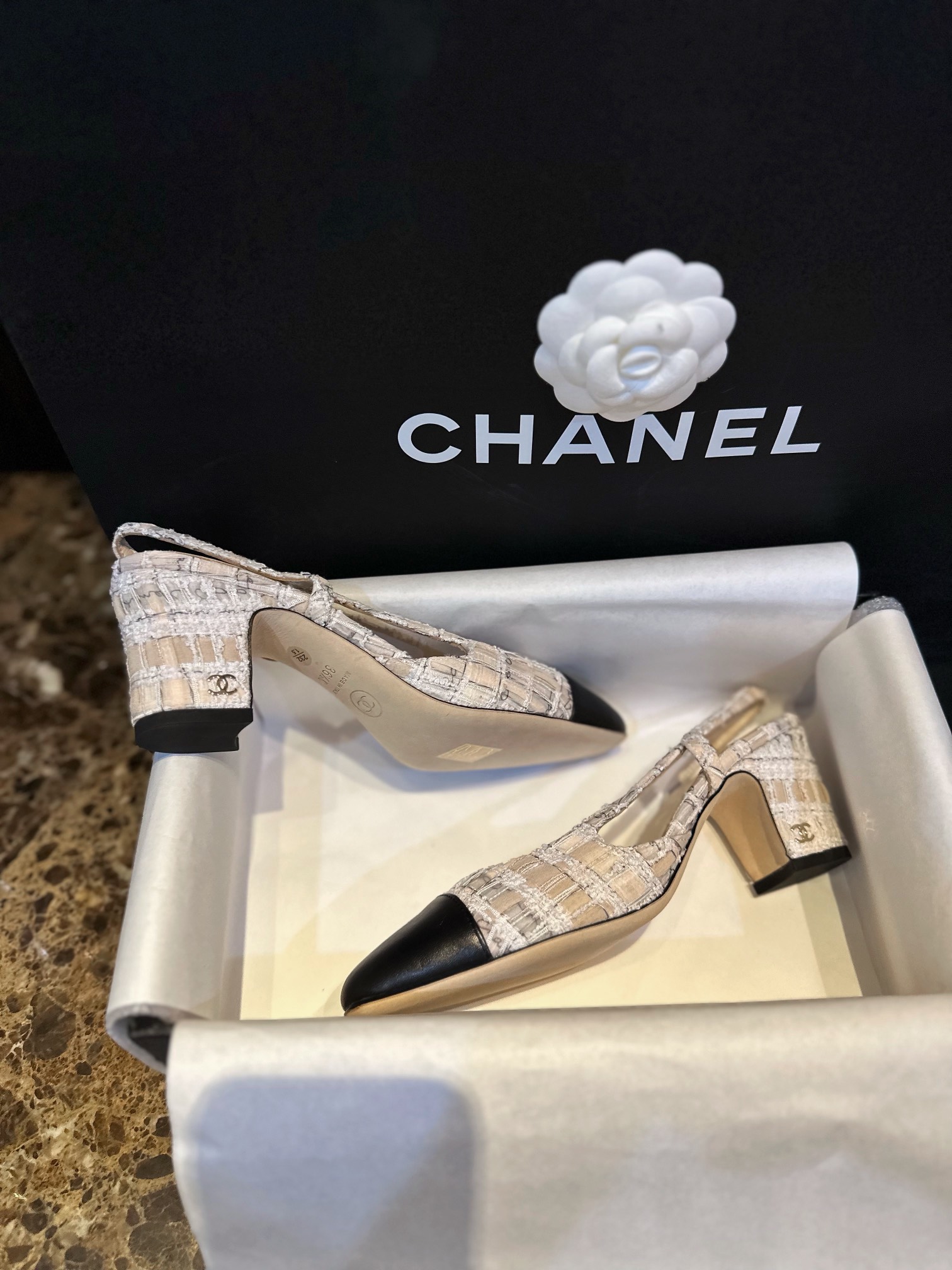 Chanel Lace Letter Almond High Heel Slingback