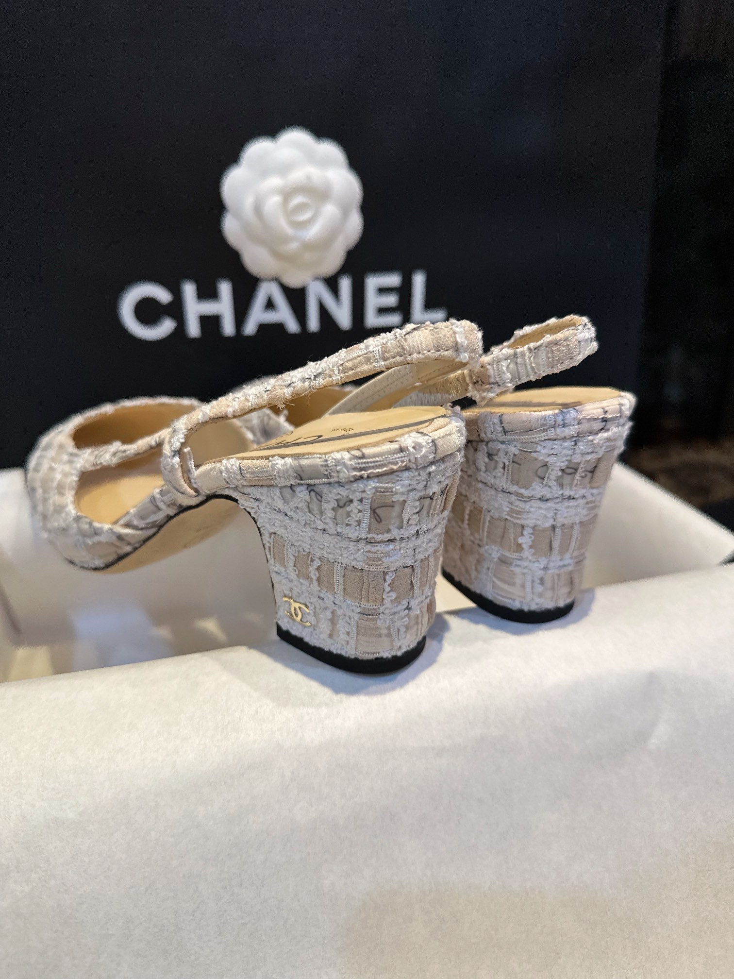 Chanel Lace Letter Almond High Heel Slingback