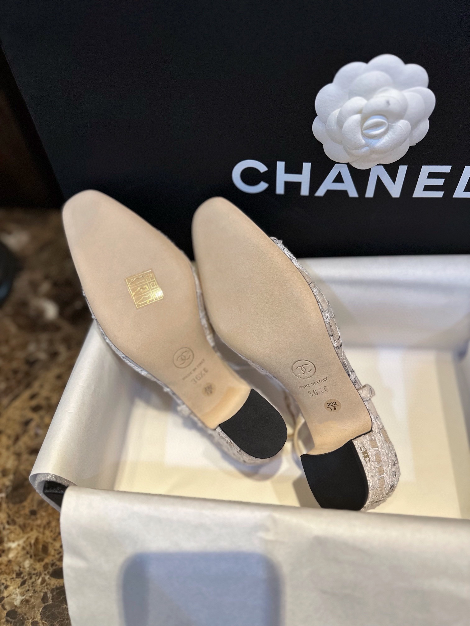 Chanel Lace Letter Almond High Heel Slingback