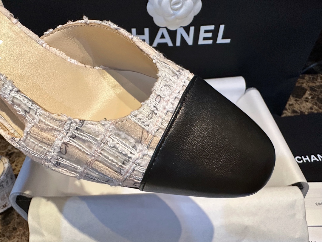 Chanel Lace Letter Almond High Heel Slingback