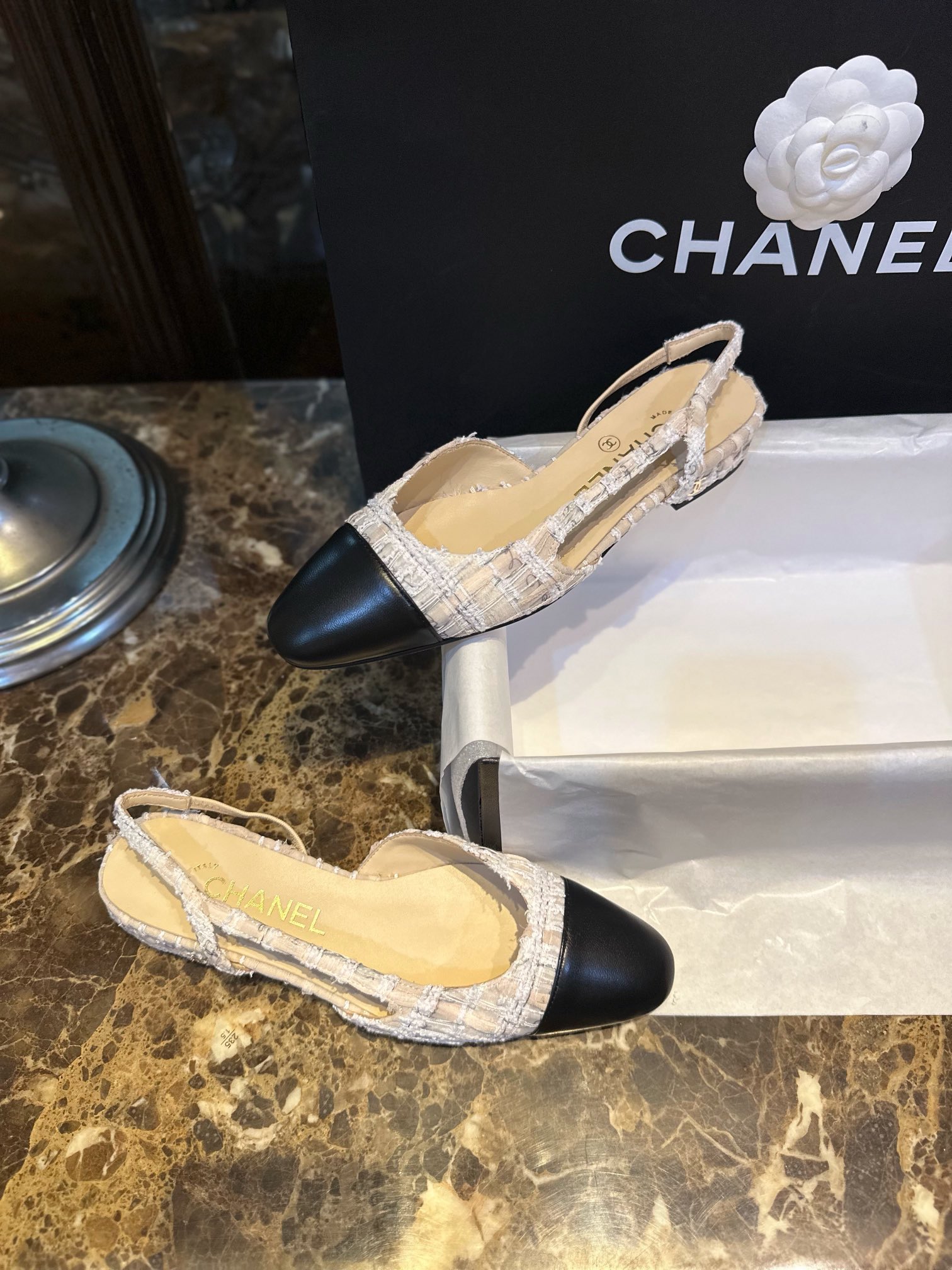 Chanel ace Letter Almond Flat Slingback - Exquisite Mesh and Printed Knit, Italian Leather Sole