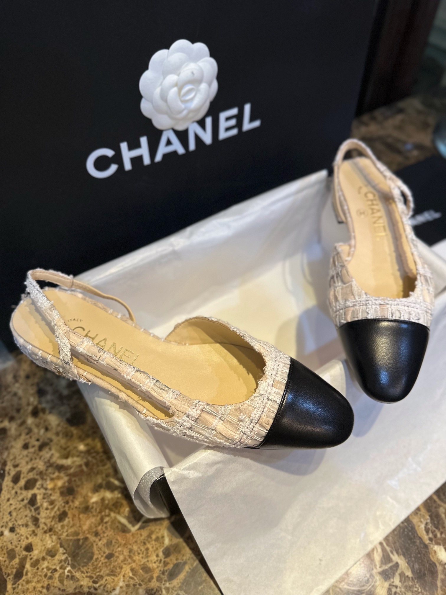 Chanel ace Letter Almond Flat Slingback - Exquisite Mesh and Printed Knit, Italian Leather Sole