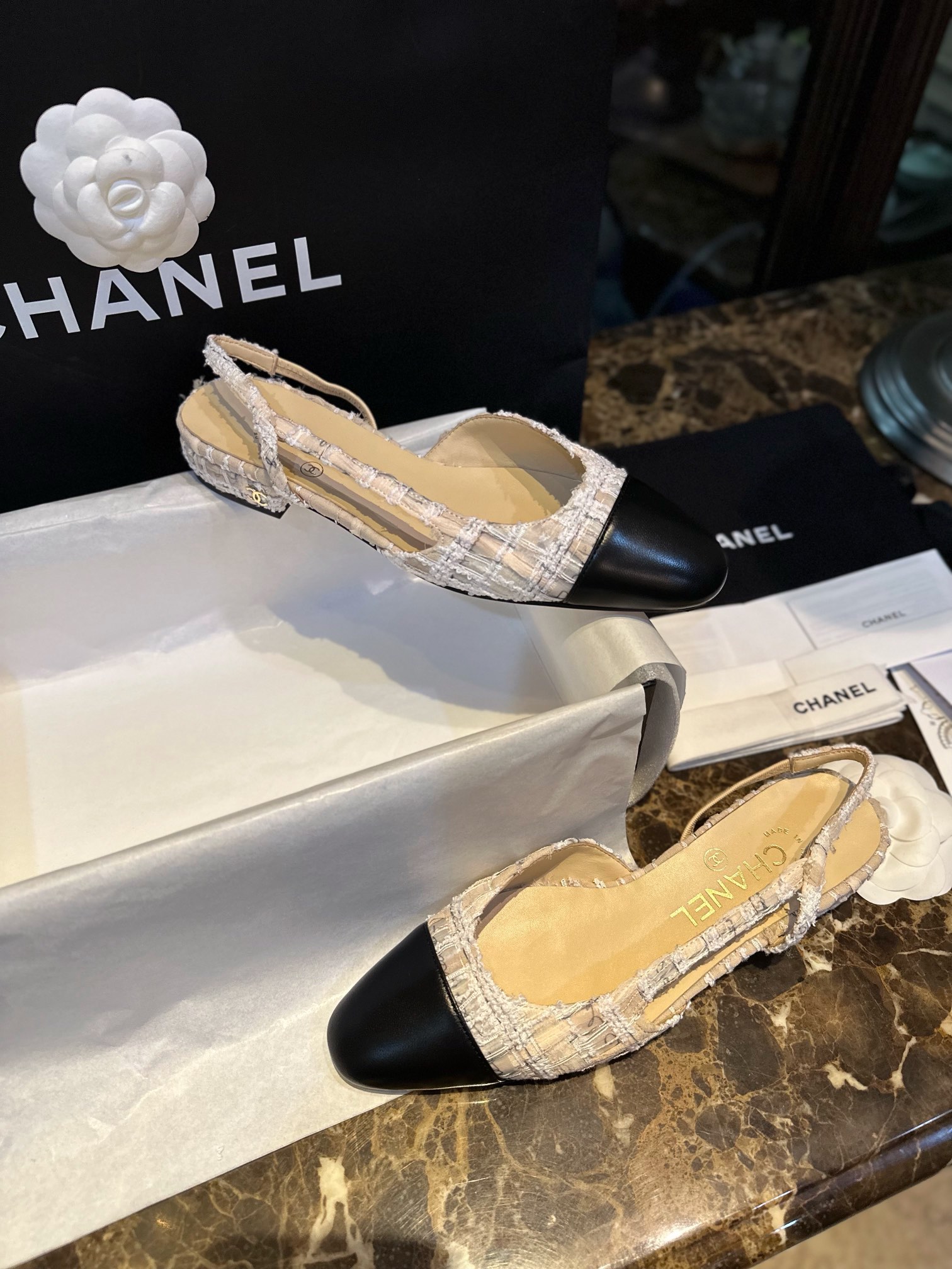 Chanel ace Letter Almond Flat Slingback - Exquisite Mesh and Printed Knit, Italian Leather Sole