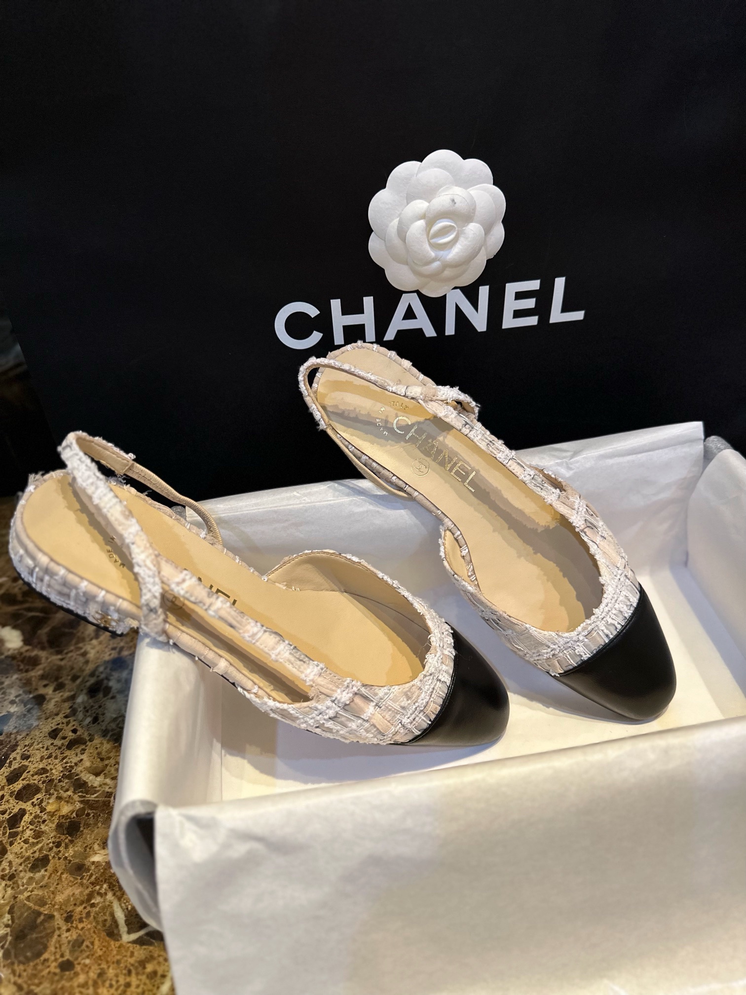 Chanel ace Letter Almond Flat Slingback - Exquisite Mesh and Printed Knit, Italian Leather Sole