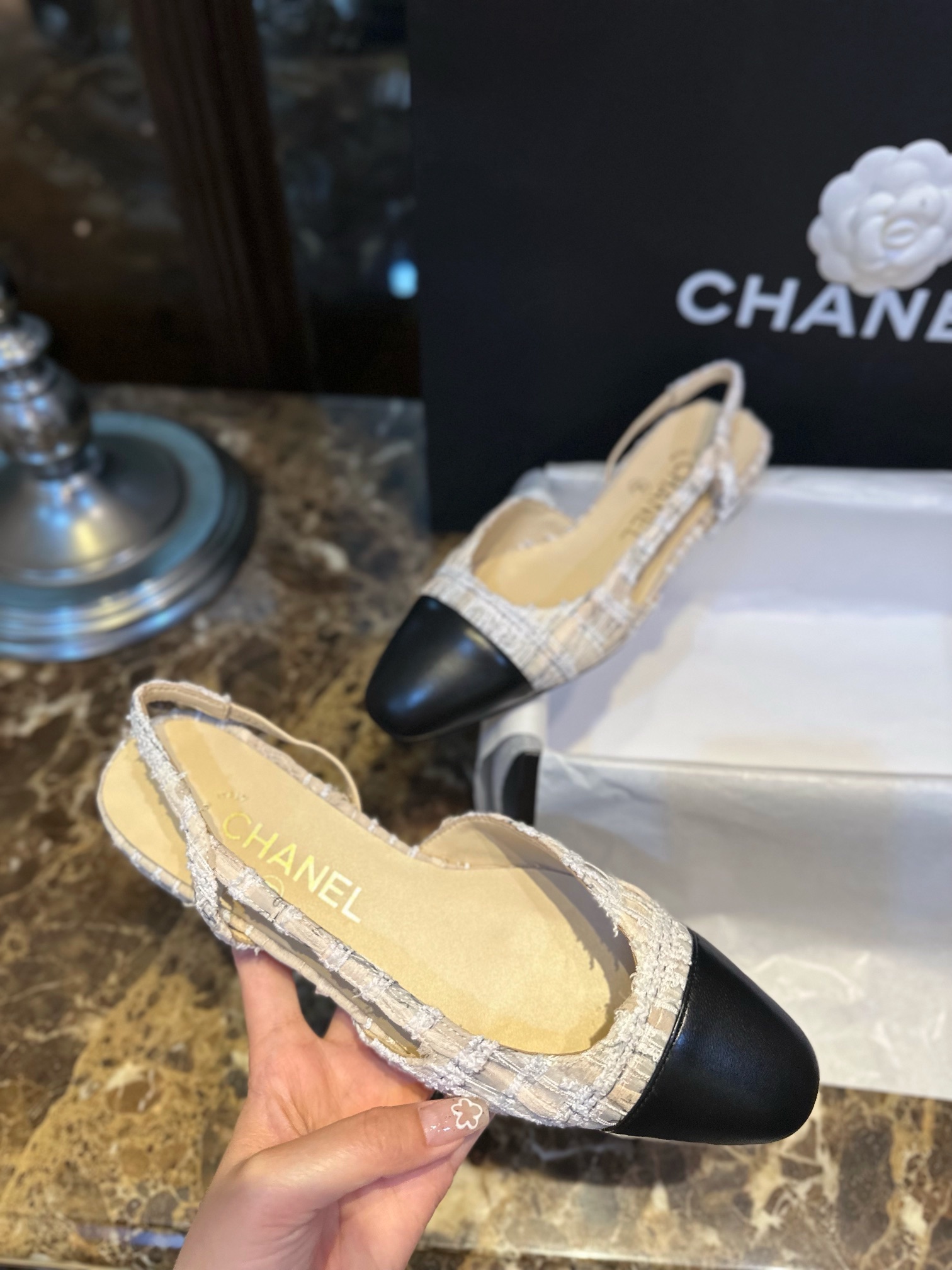 Chanel ace Letter Almond Flat Slingback - Exquisite Mesh and Printed Knit, Italian Leather Sole