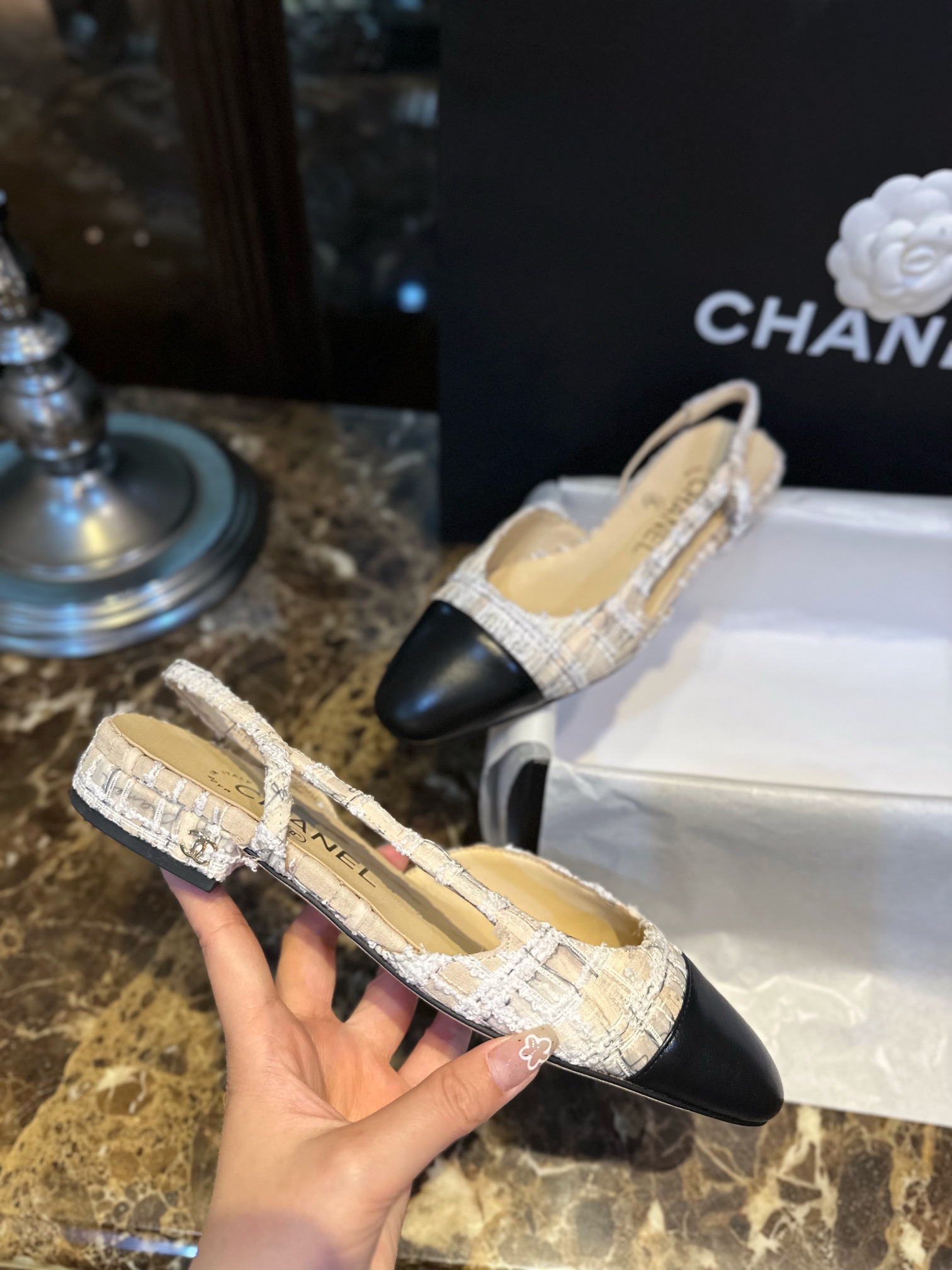 Chanel ace Letter Almond Flat Slingback - Exquisite Mesh and Printed Knit, Italian Leather Sole