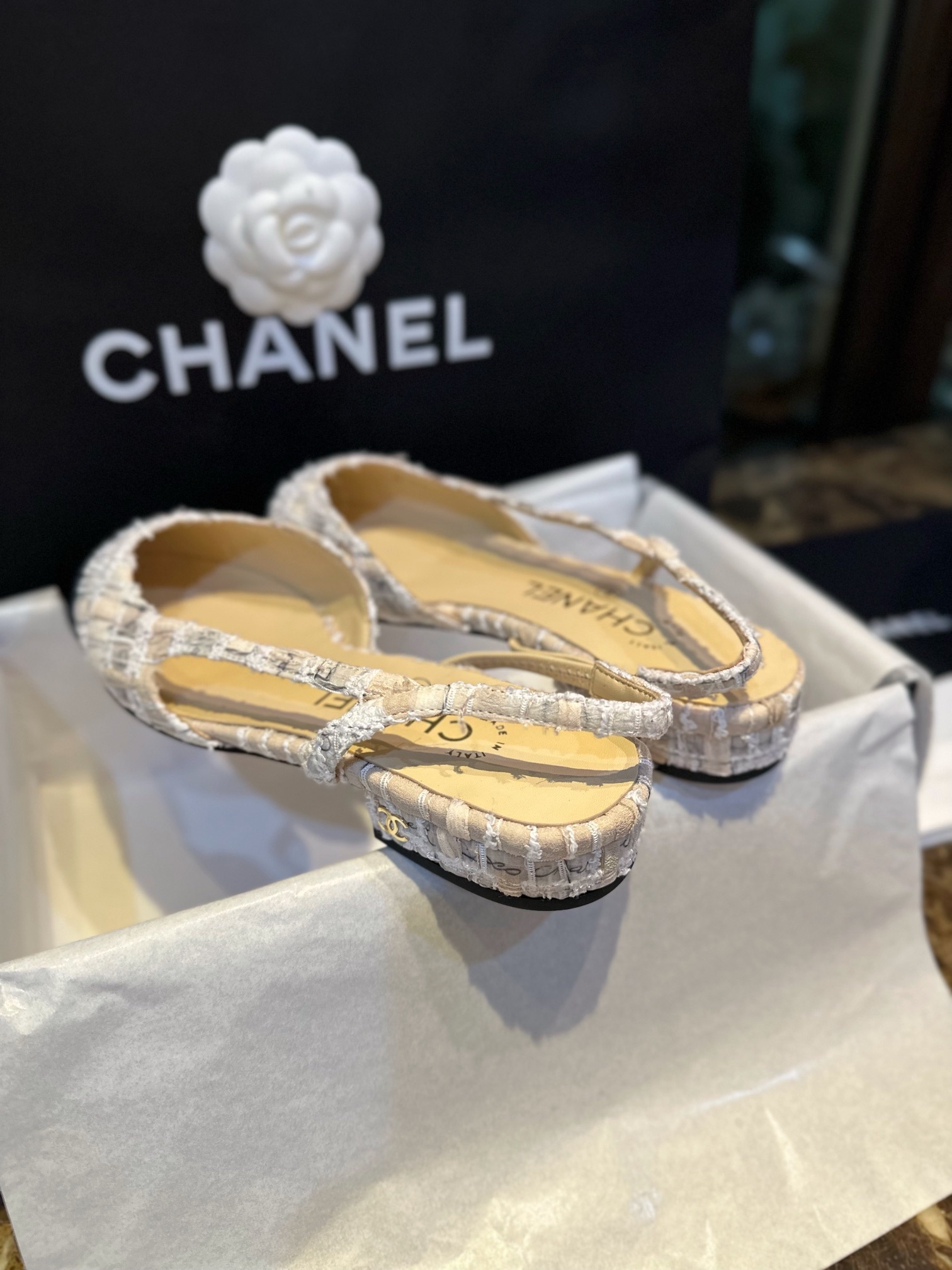 Chanel ace Letter Almond Flat Slingback - Exquisite Mesh and Printed Knit, Italian Leather Sole