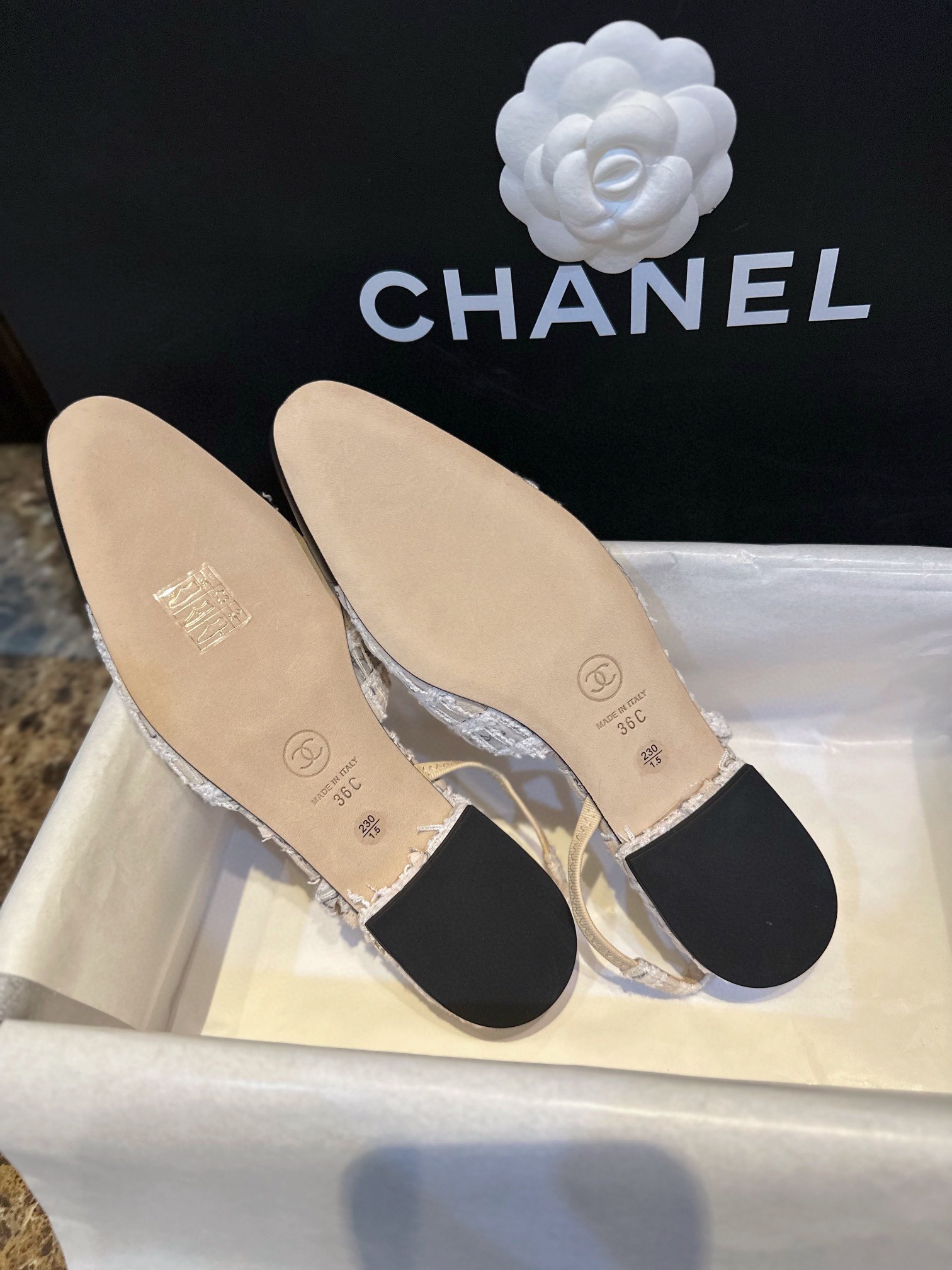 Chanel ace Letter Almond Flat Slingback - Exquisite Mesh and Printed Knit, Italian Leather Sole