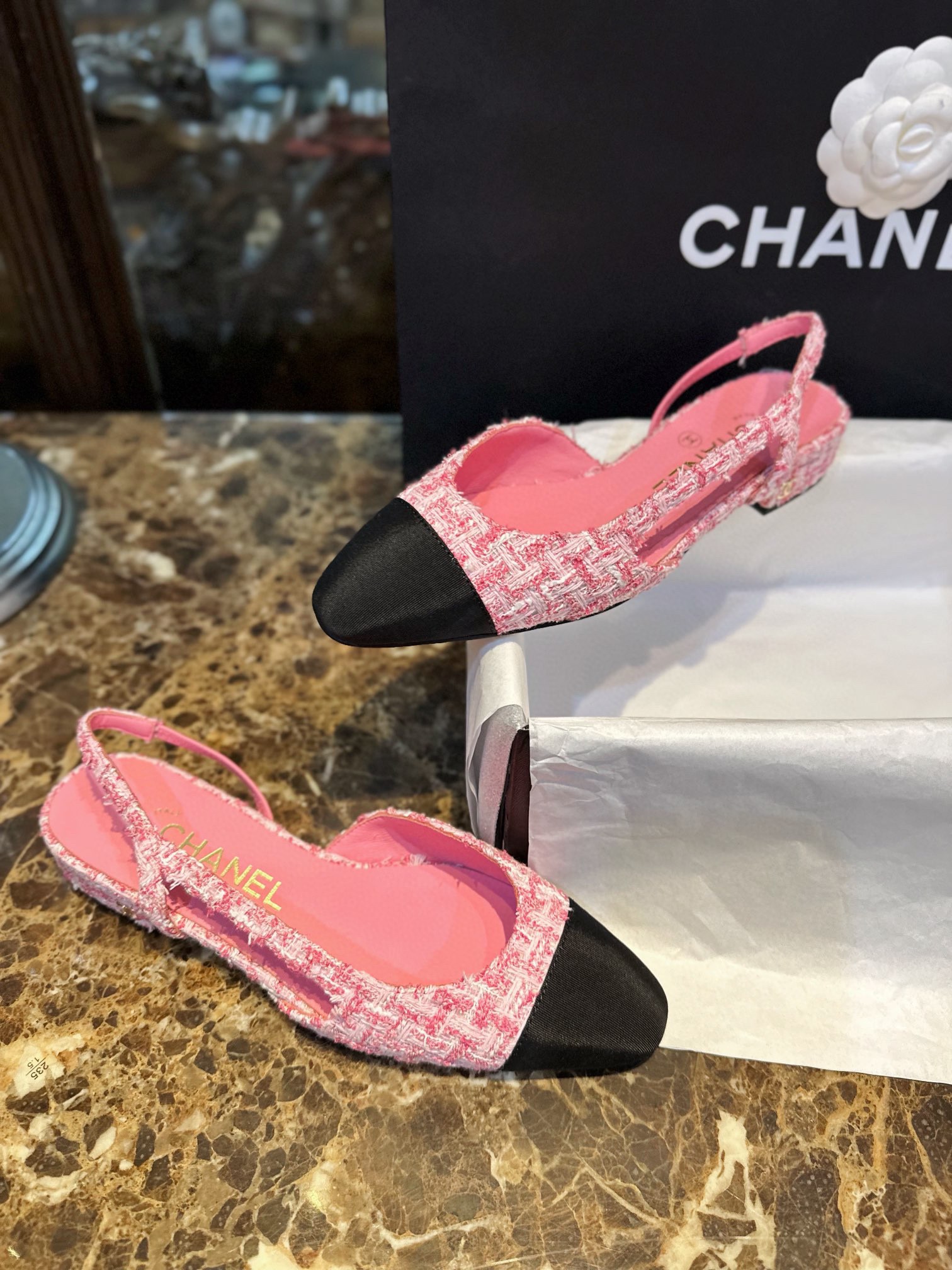 Chanel Pink Bouclé Flat Slingback Sandals - Six Shades of Pink Floral Weave with Black Satin