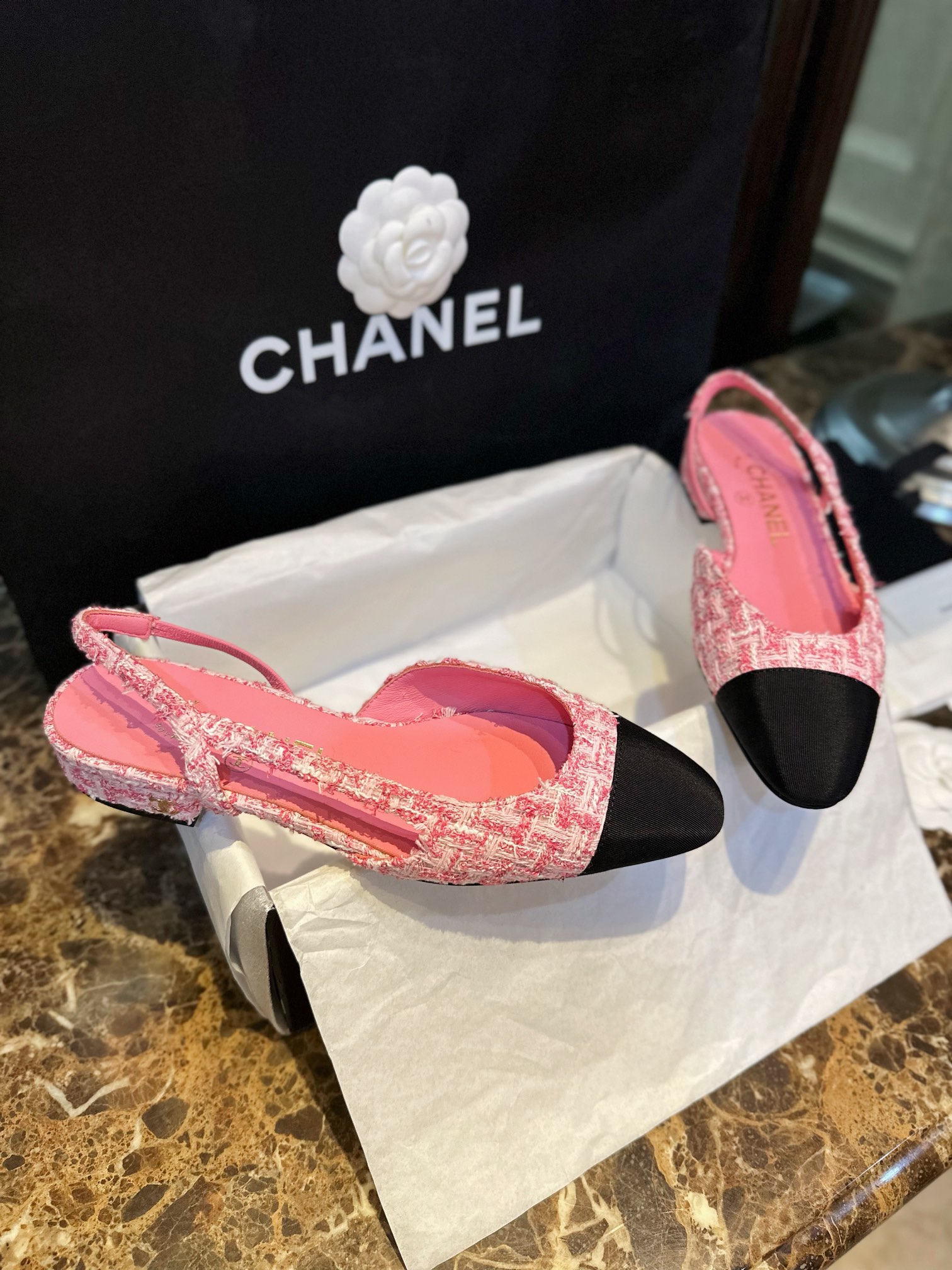 Chanel Pink Bouclé Flat Slingback Sandals - Six Shades of Pink Floral Weave with Black Satin