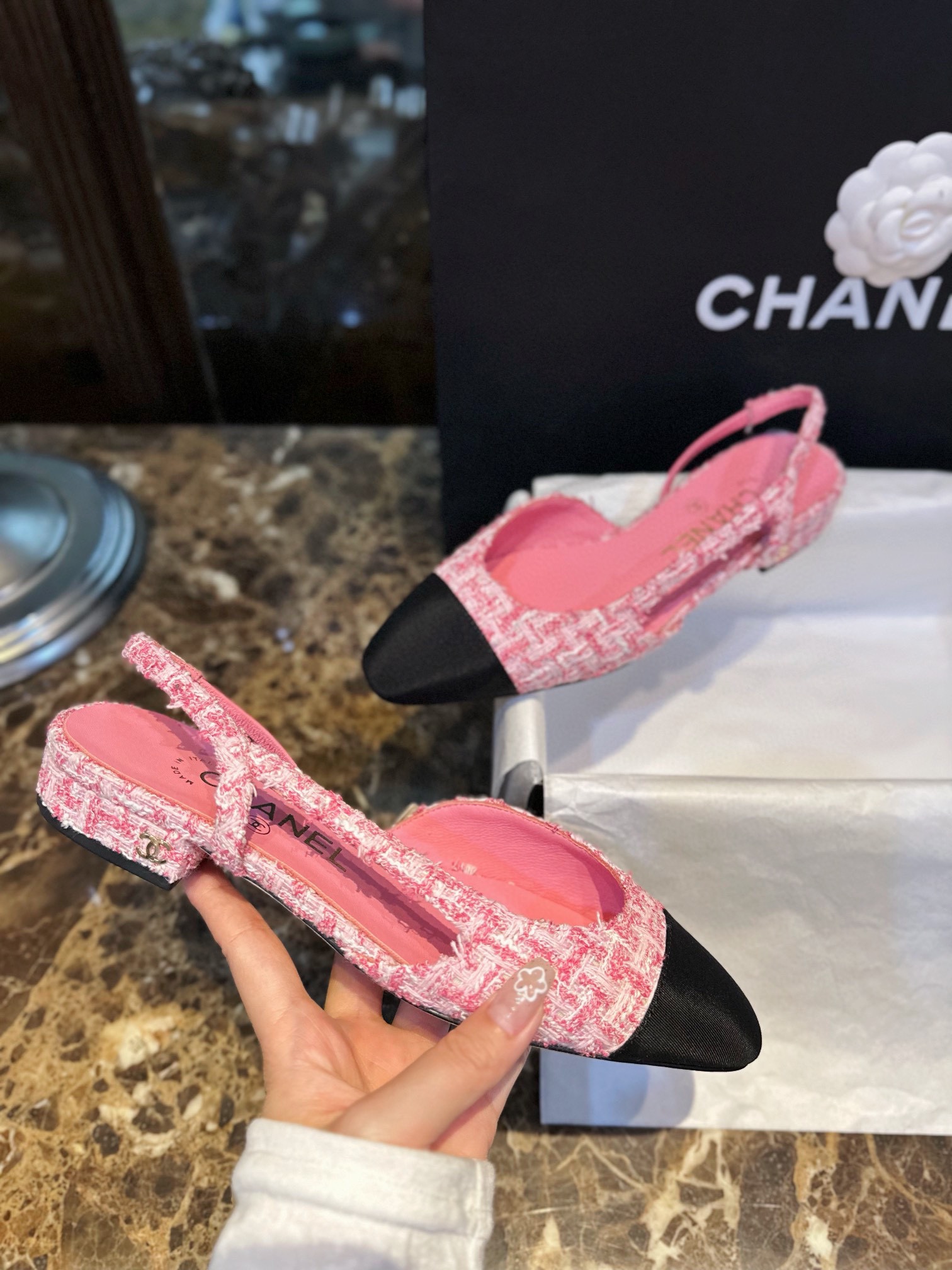 Chanel Pink Bouclé Flat Slingback Sandals - Six Shades of Pink Floral Weave with Black Satin