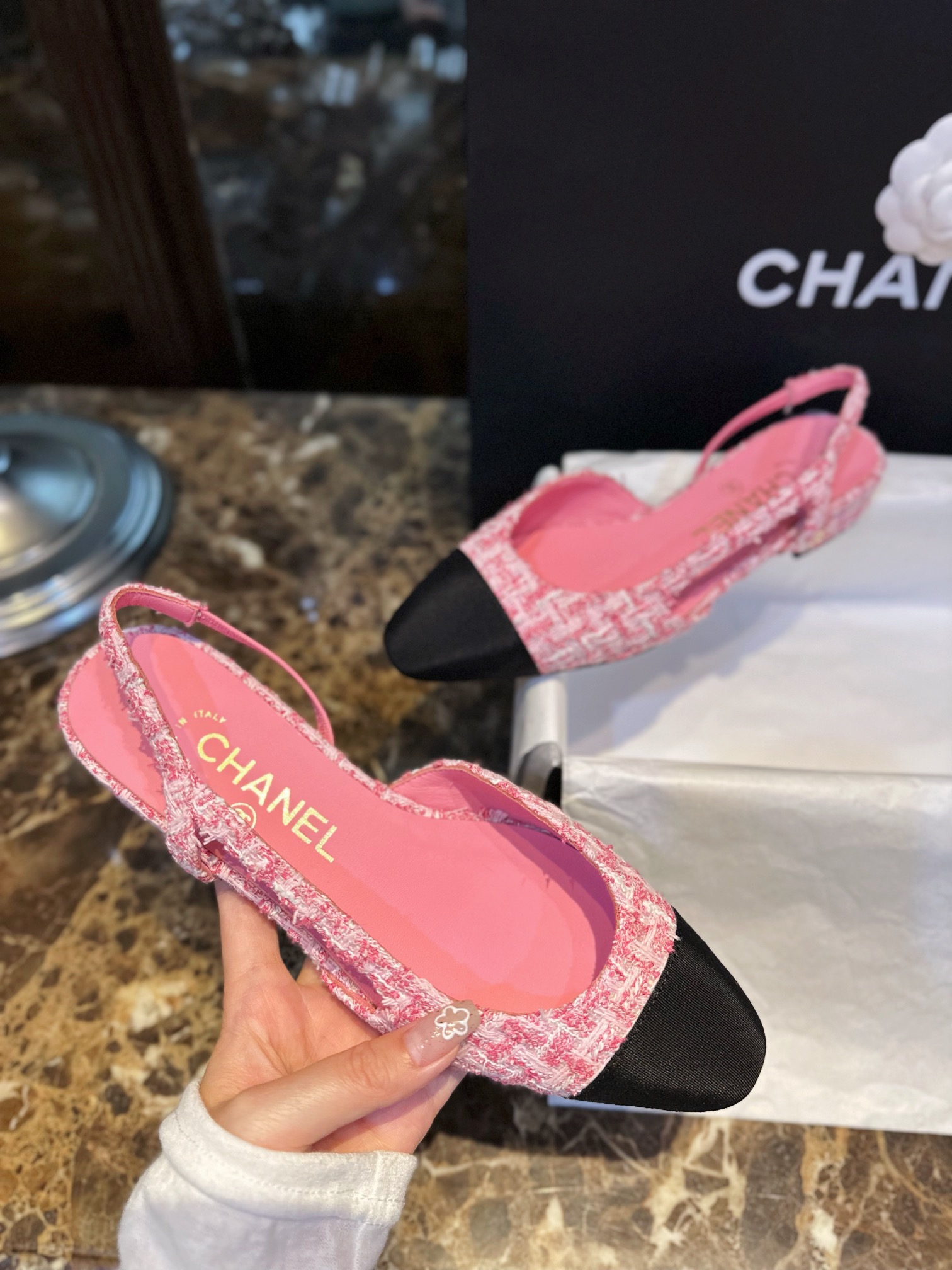 Chanel Pink Bouclé Flat Slingback Sandals - Six Shades of Pink Floral Weave with Black Satin