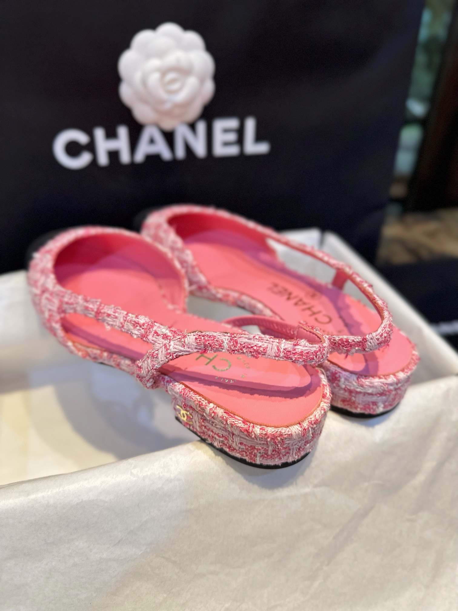 Chanel Pink Bouclé Flat Slingback Sandals - Six Shades of Pink Floral Weave with Black Satin