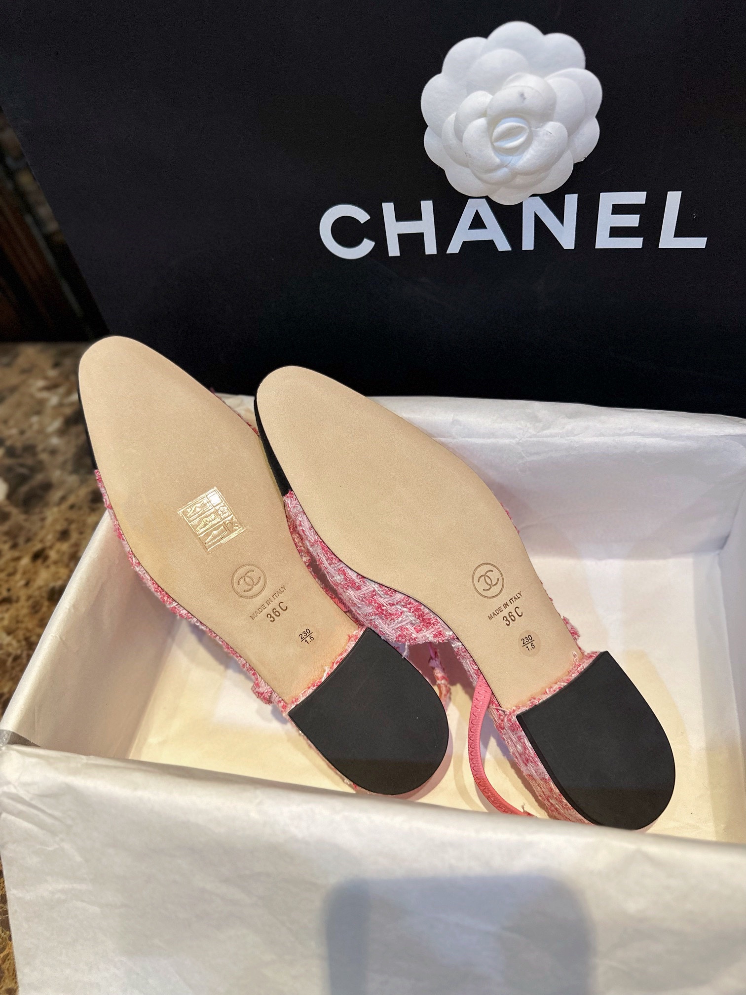 Chanel Pink Bouclé Flat Slingback Sandals - Six Shades of Pink Floral Weave with Black Satin