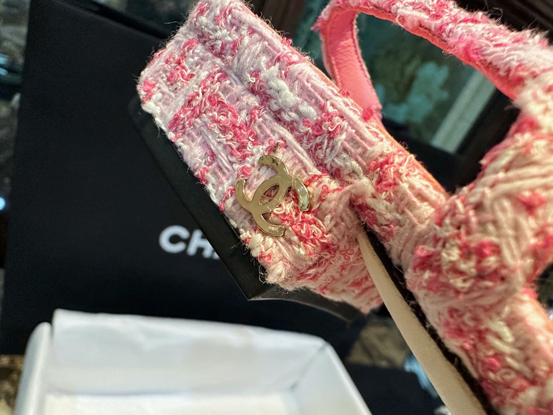 Chanel Pink Bouclé Flat Slingback Sandals - Six Shades of Pink Floral Weave with Black Satin