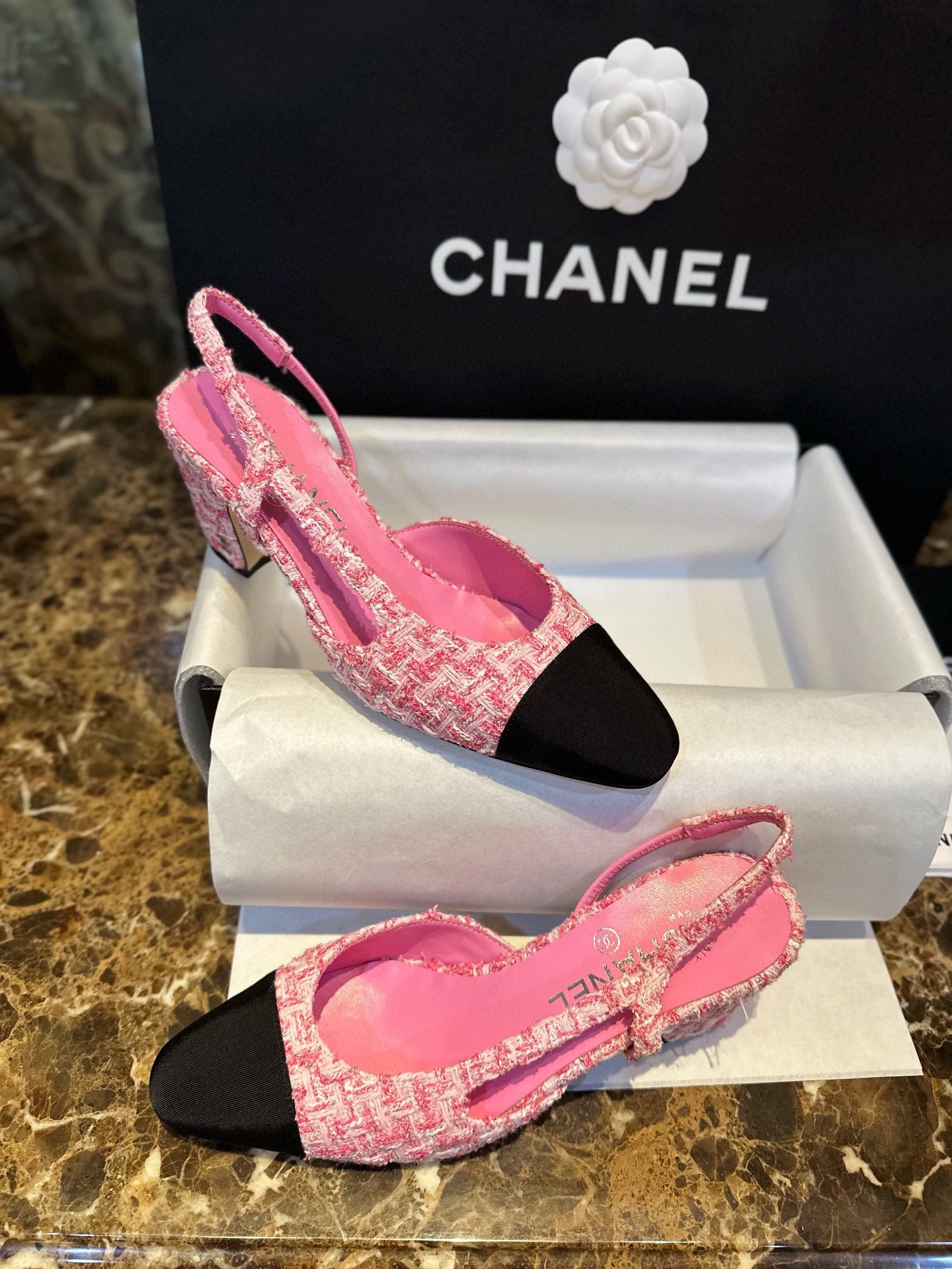 Chanel Pink Bouclé High Heel Slingback Sandals