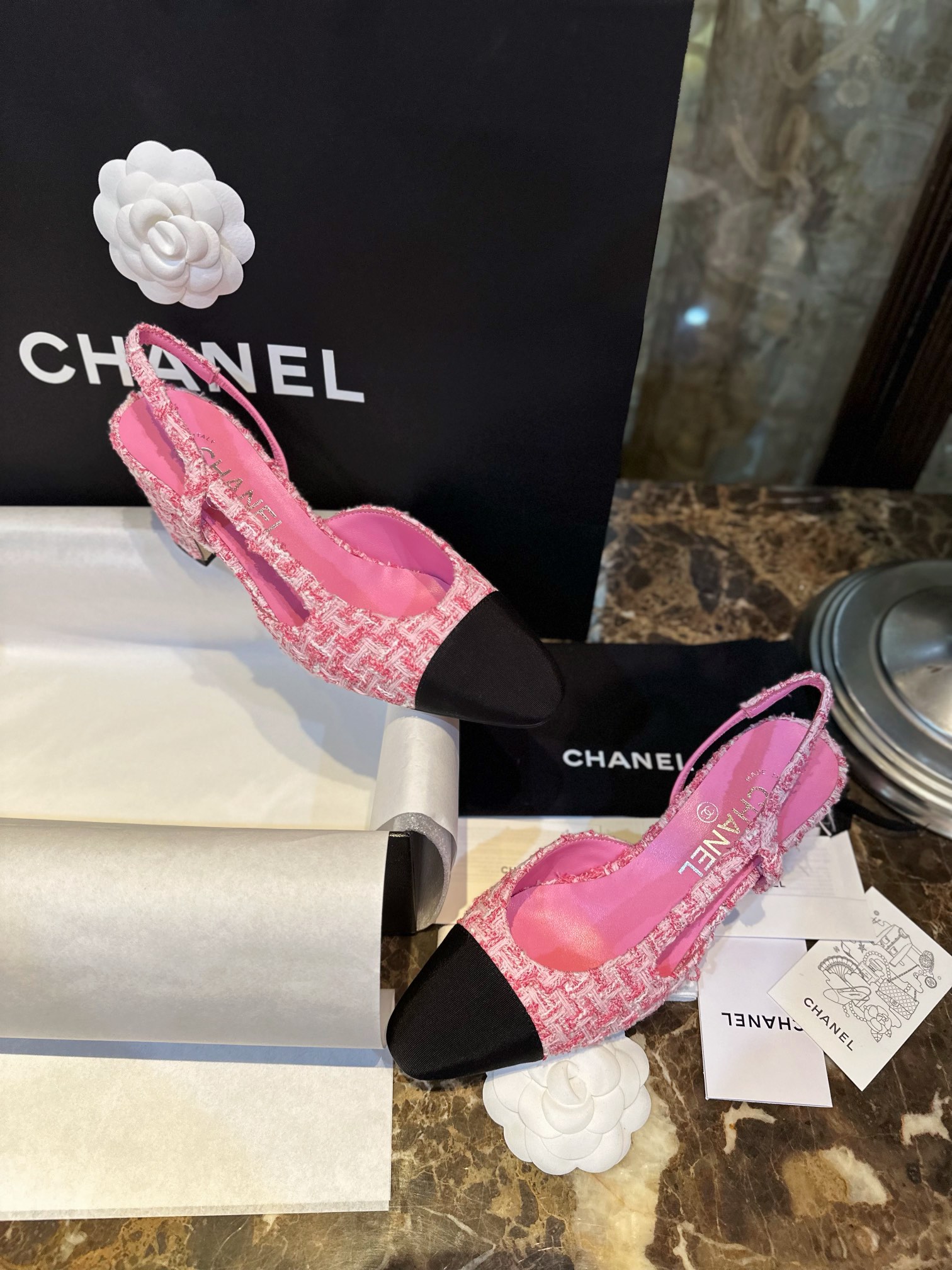 Chanel Pink Bouclé High Heel Slingback Sandals