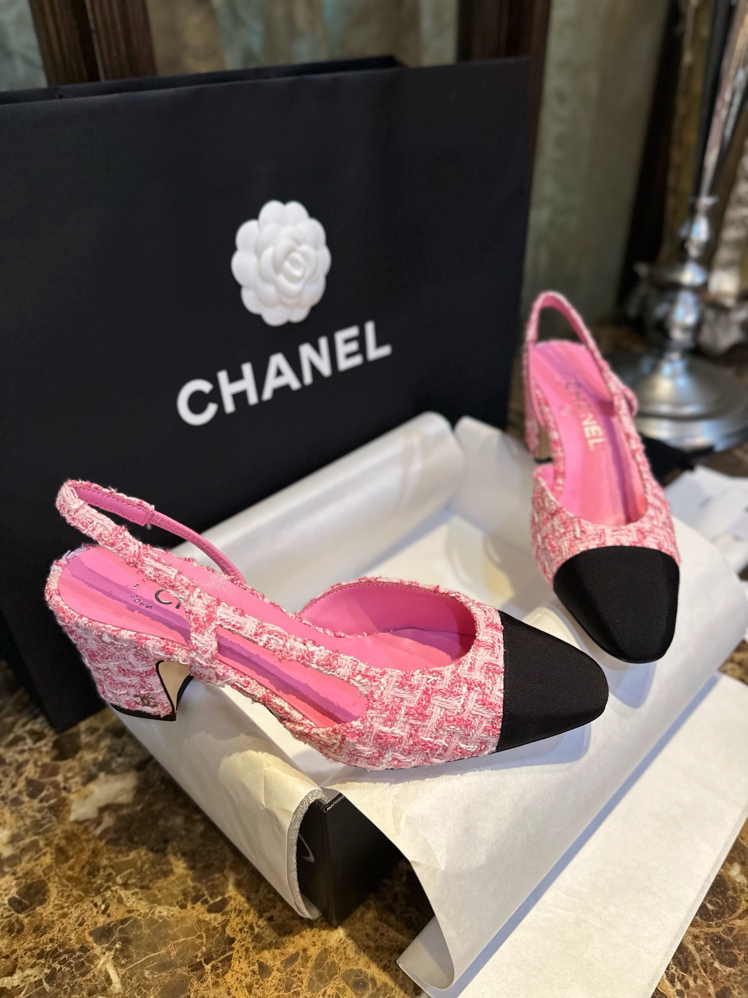 Chanel Pink Bouclé High Heel Slingback Sandals