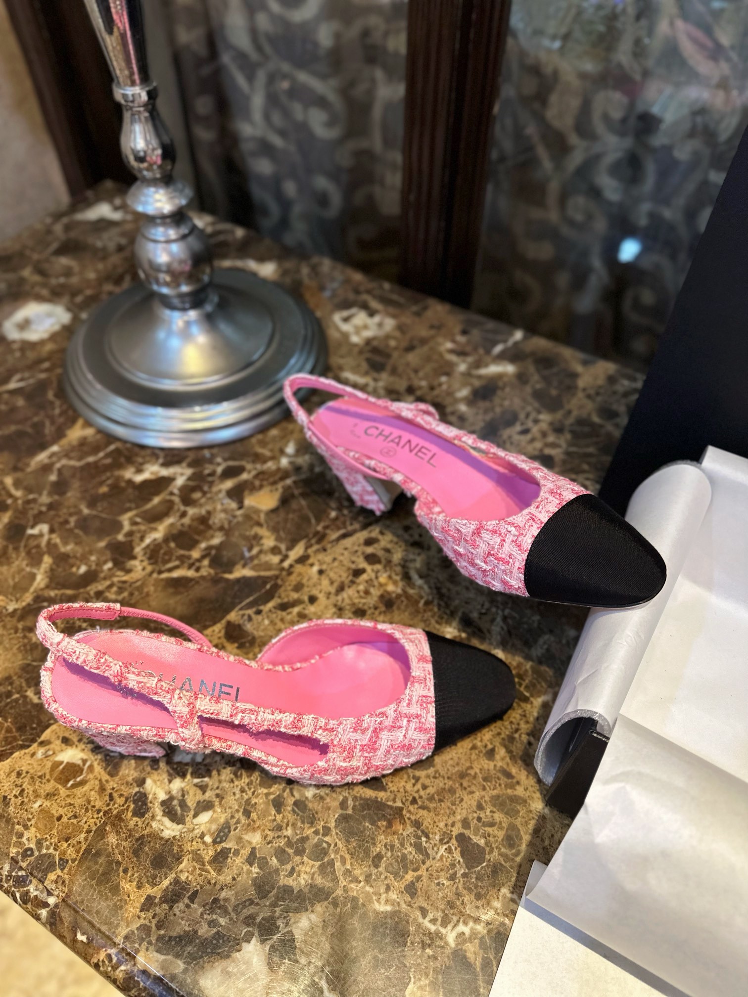 Chanel Pink Bouclé High Heel Slingback Sandals