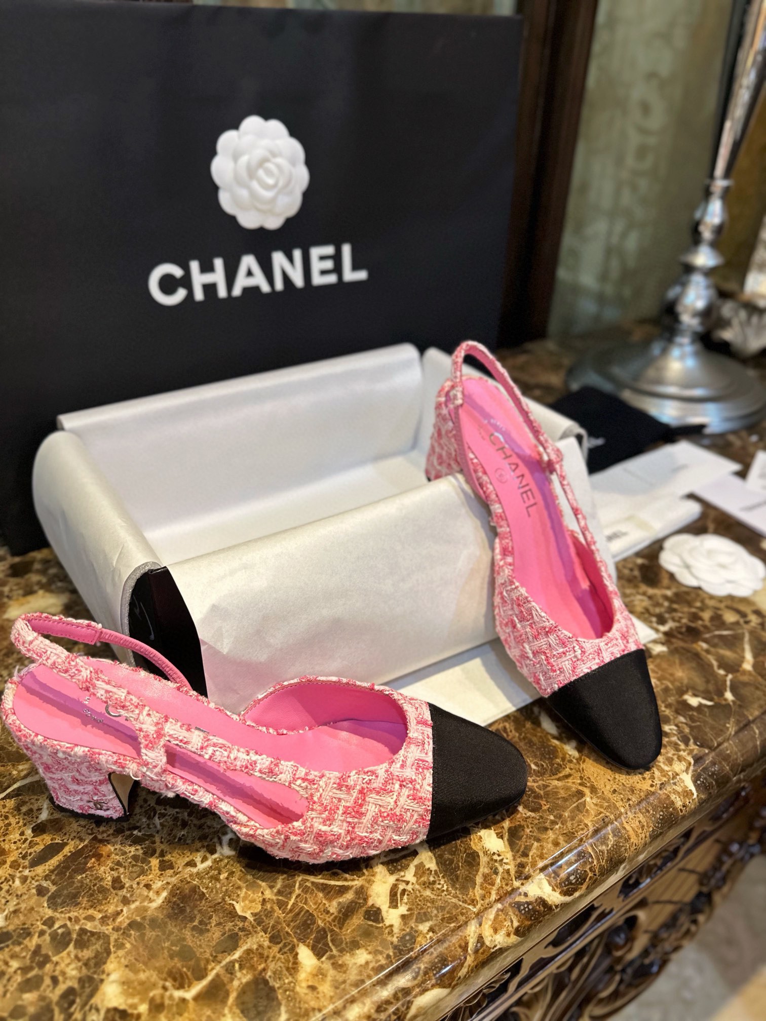 Chanel Pink Bouclé High Heel Slingback Sandals